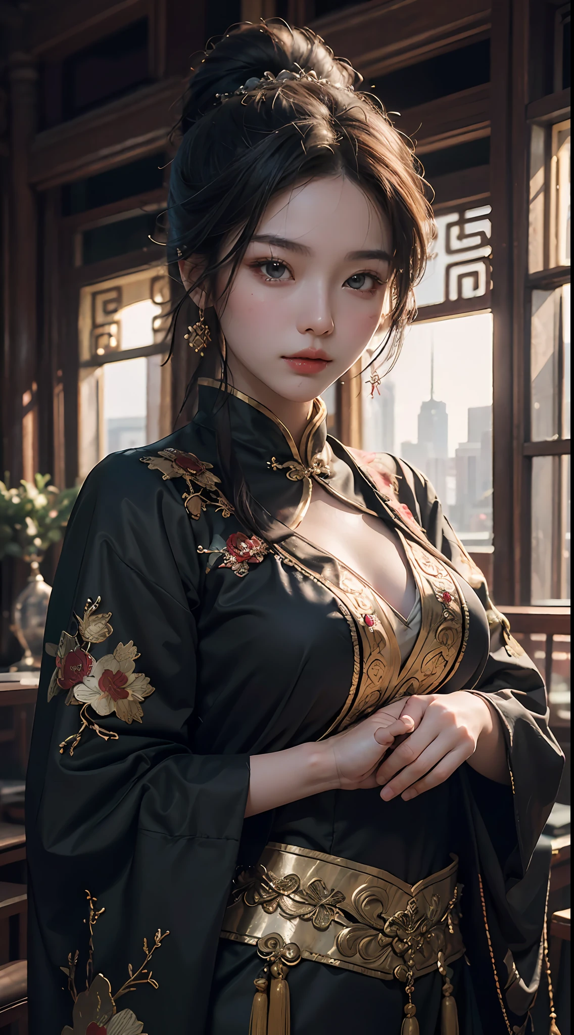 Best quality, (RAW photos: 1.2), (Masterpiece: 1.4), (Realistic: 1.4), (High resolution: 1.4), Chinese actress Gulinazha, depth of field, intricate details, 8k, very detailed, perfect lighting, epic background, big bust 1.3, black tang costume