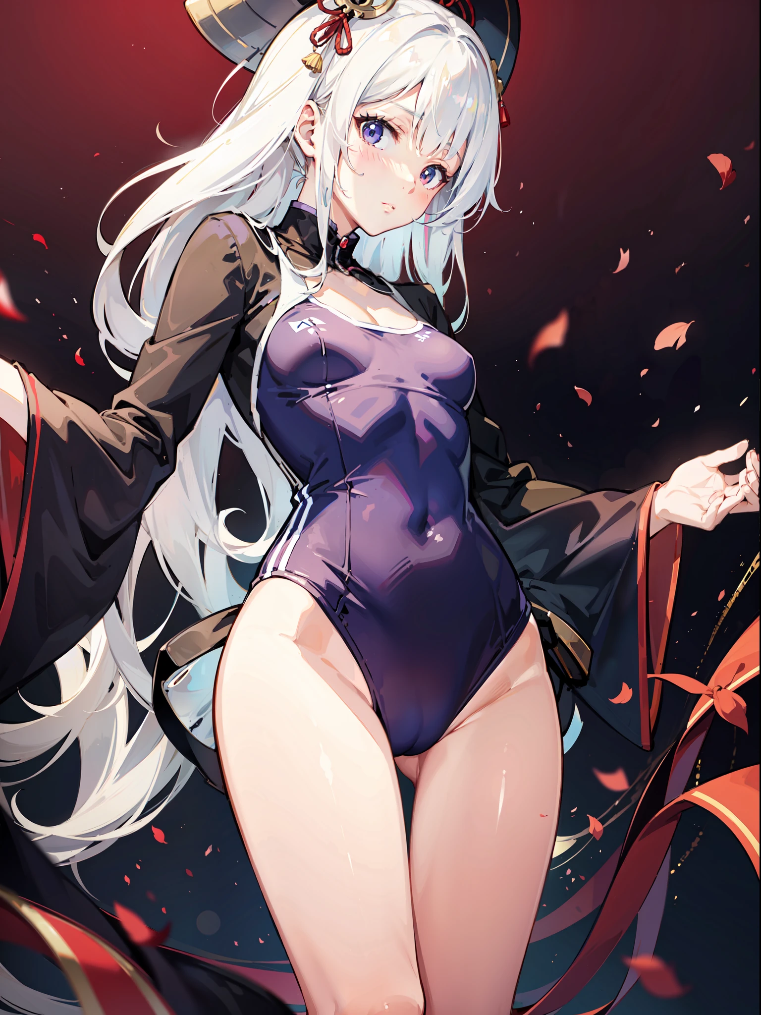 slender beautiful girl, alone, school swimsuit, oiran , gorgeous, high resolution, top quality, fine details, no blush, knee high, small , wearing a mask, dancing, small eyes