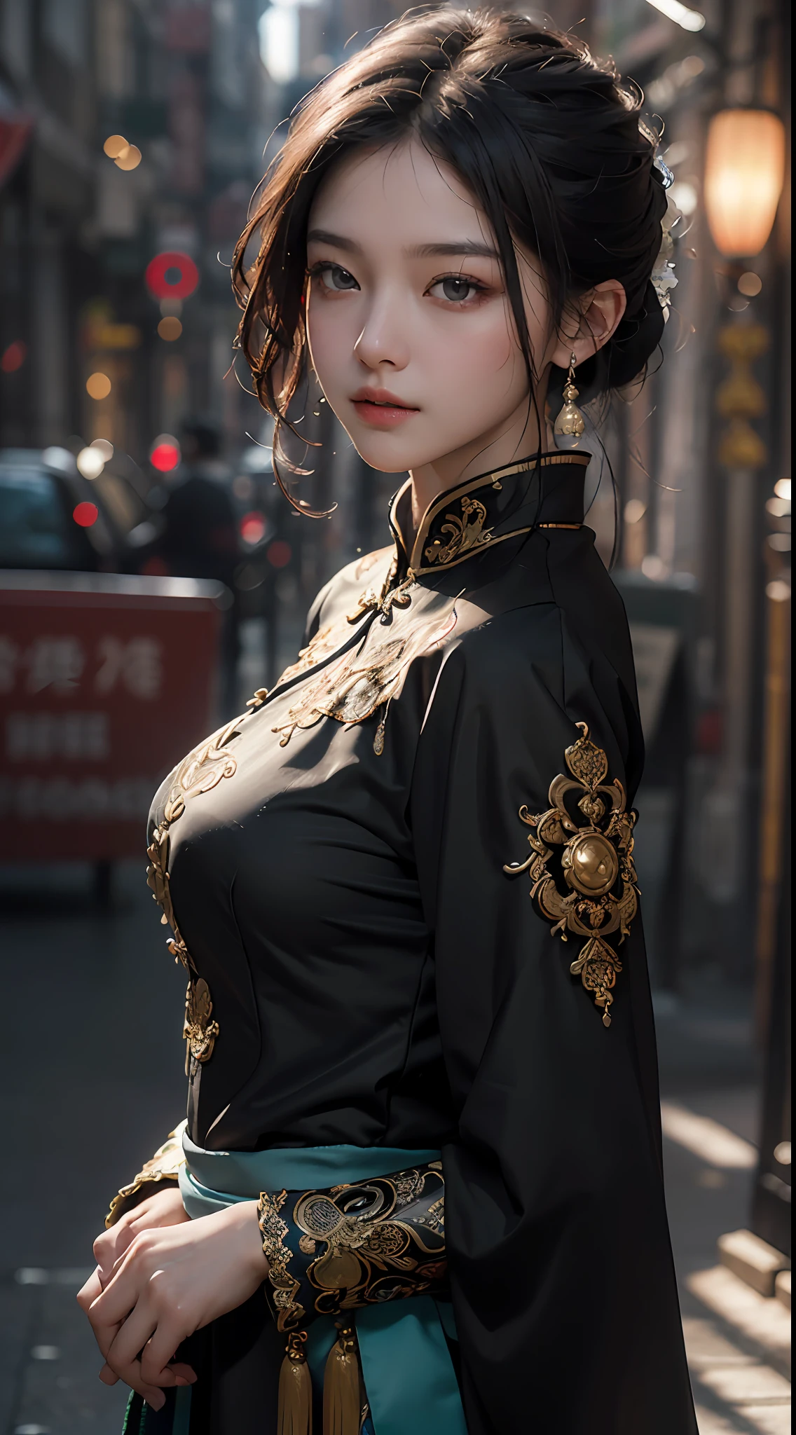 Best quality, (RAW photos: 1.2), (Masterpiece: 1.4), (Realistic: 1.4), (High resolution: 1.4), Chinese actress Gulinazha, depth of field, intricate details, 8k, very detailed, perfect lighting, epic background, big bust 1.3, black tang costume
