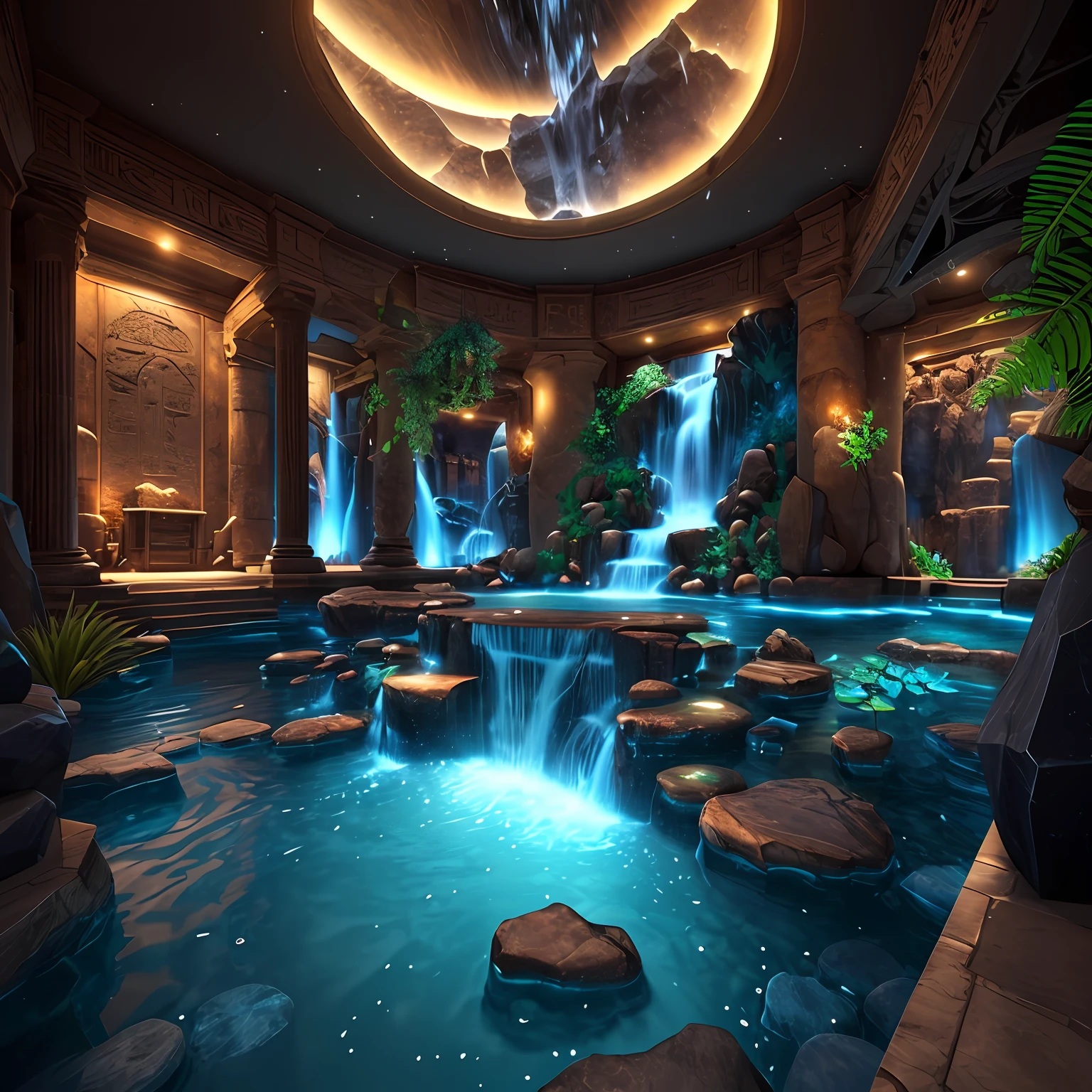 incredible Na'vi-inspired luxurious futuristic store interior in Ancient Egyptian style with many ((lush plants)), (lotus flowers), ((palm trees)), rocky walls, (sand), ((waterfalls)), (marble), ((precious minerals)), ((metals)), (gemstones), crystals, clouds and ((water)), (hieroglyphics), ((trees and plants made out of gemstones and precious minerals and lights)), (((ultra luxury))), (black marble) with ((beautiful lights)), Unreal Engine, UHD, 64k