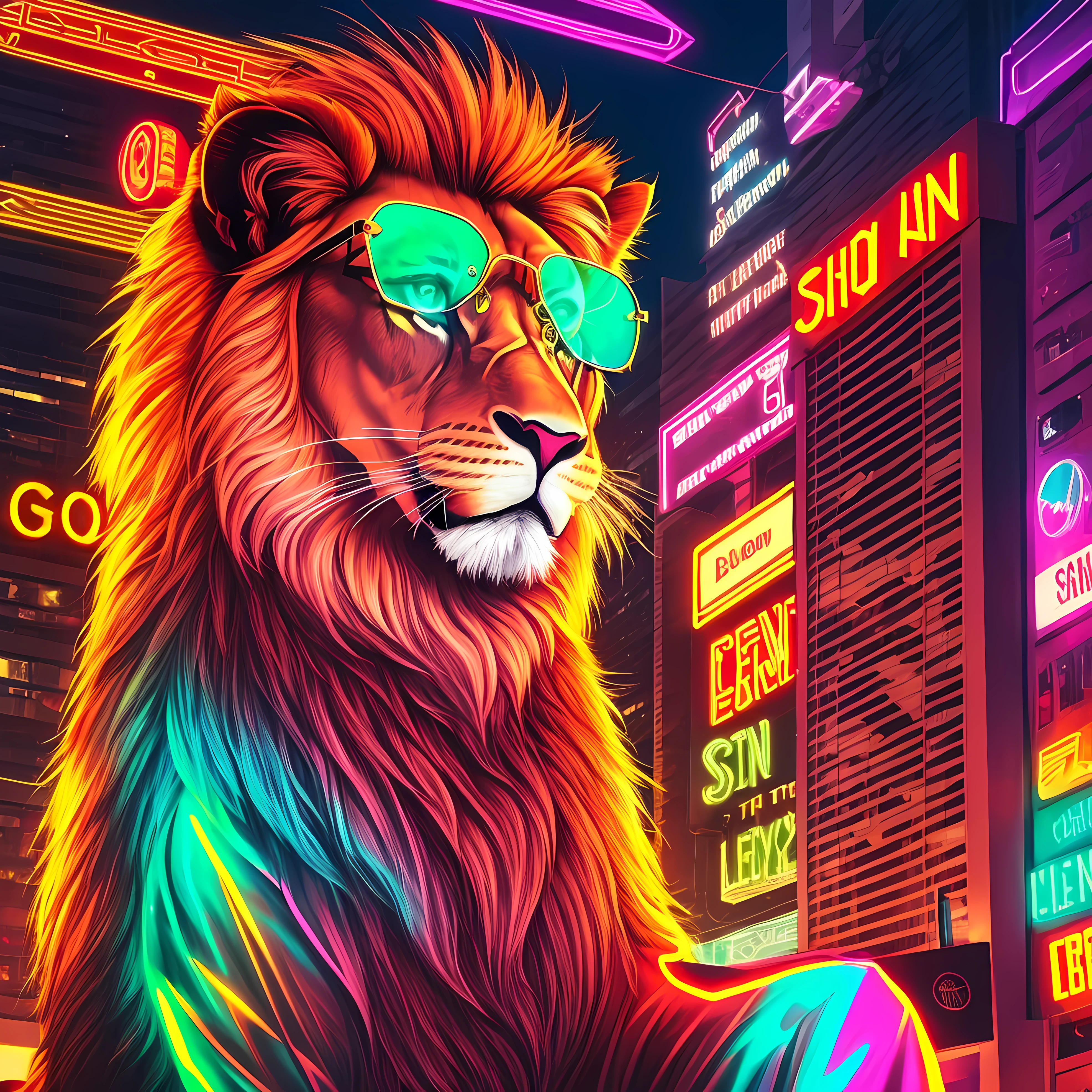 The image depicts a majestic cyberpunk lion in a dystopian world. The lion is the central focus of the composition, its imposing posture conveys strength and power. Its body is covered by a metallic mechanical coat, which glows with shades of silver and neon blue, reflecting the light of the illuminated streets. Their fangs have been replaced by sharp cybernetic fangs, which emit a menacing glow. --auto