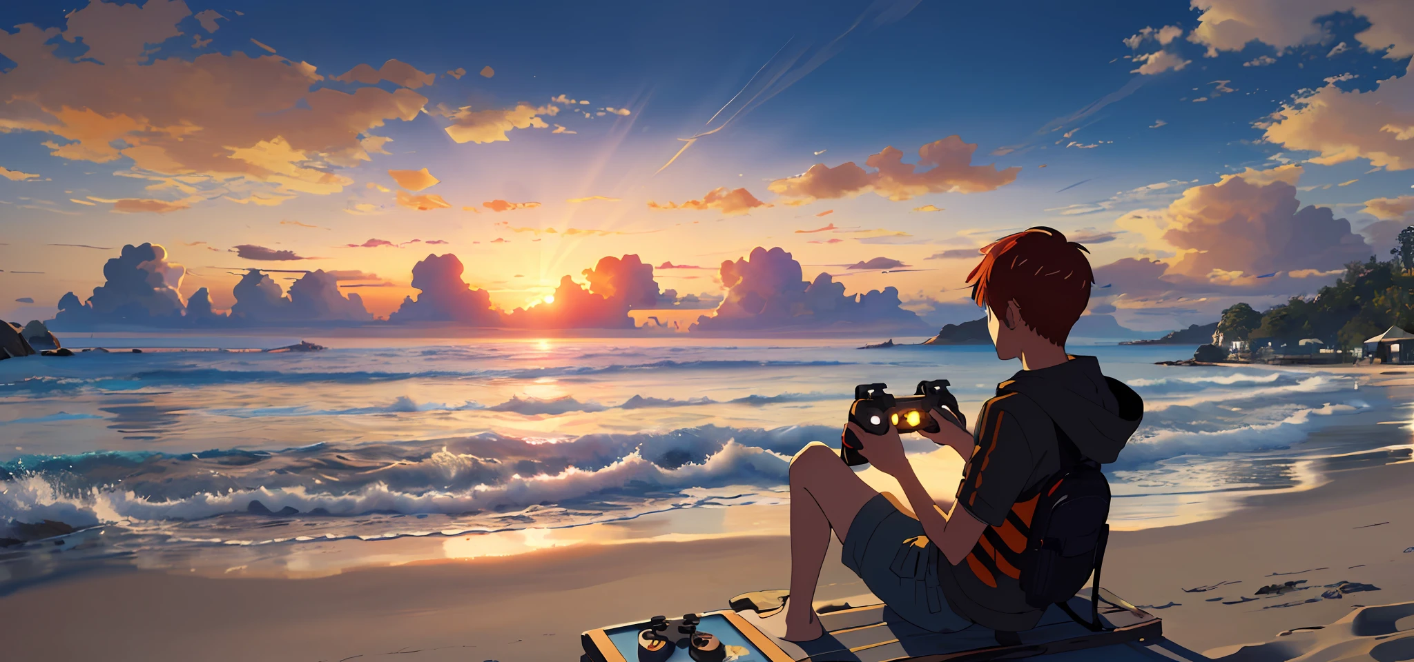 "(masterpiece:1.2, exceptional quality, sunset on the beach, 1 red-haired teenager enjoying video games:1.2)"