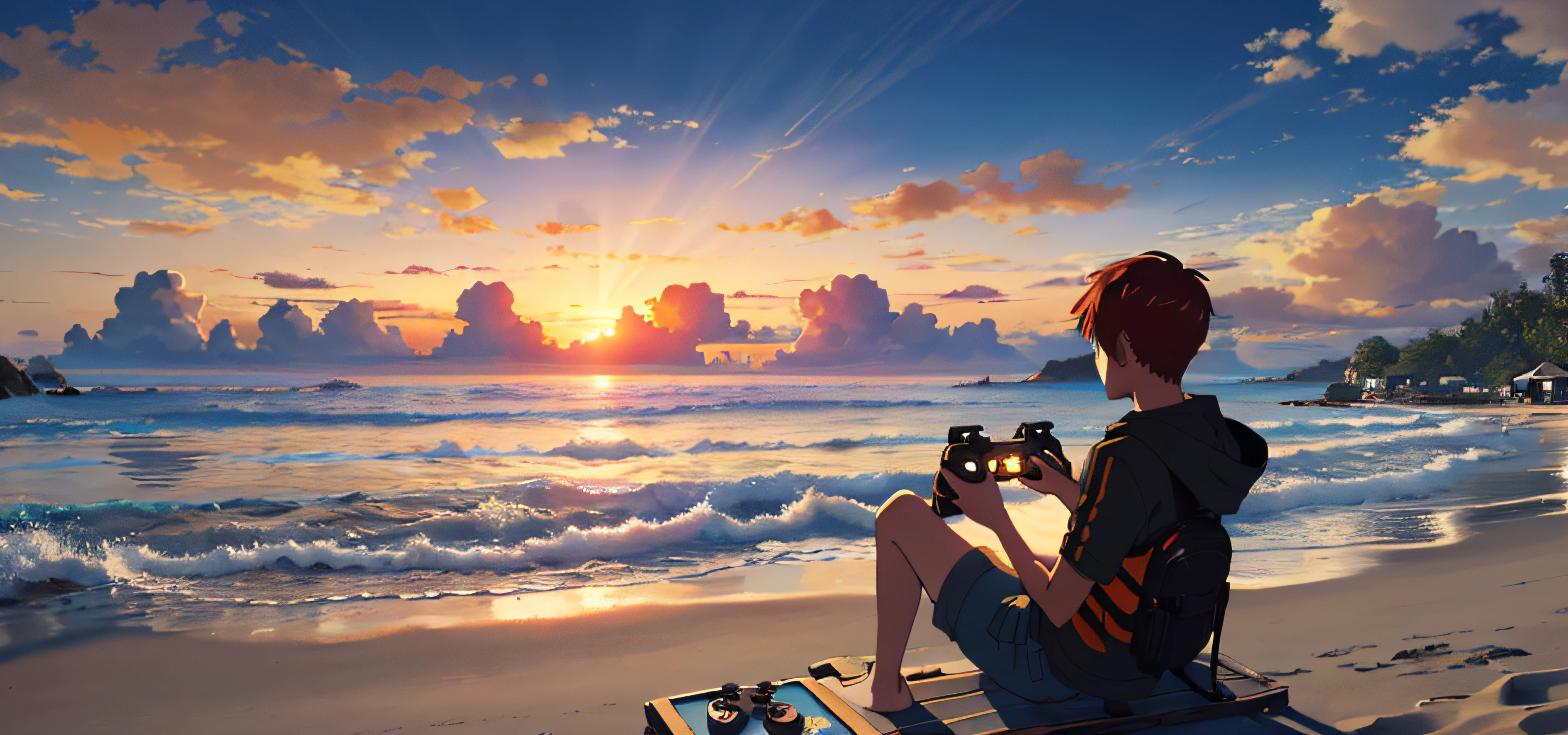 "(masterpiece:1.2, exceptional quality, sunset on the beach, 1 red-haired teenager enjoying video games:1.2)"