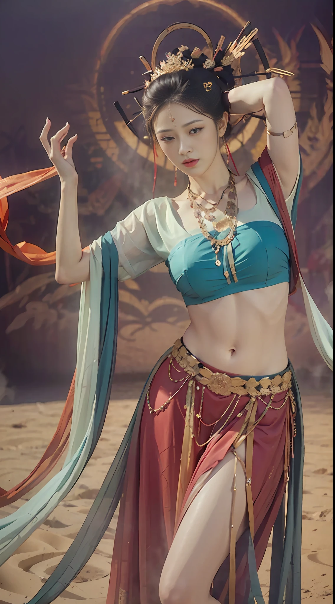 (8k, RAW photo, best quality, masterpiece:1.2), (realistic, photo-realistic:1.4), (extremely detailed CG unity 8k wallpaper), 1girl solo, dance, dunhuang_dress, dunhuang_style, dunhuang_background,