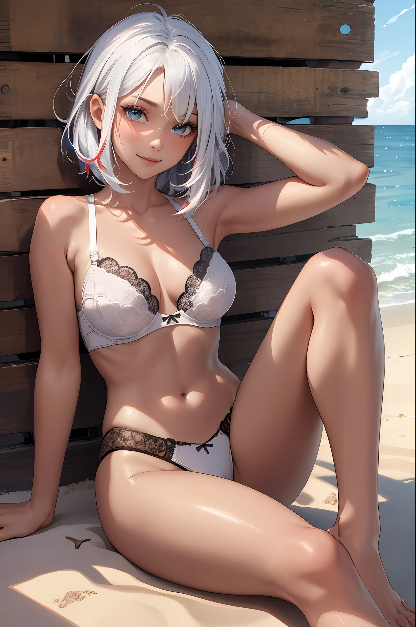 1girl, smile, red eyes, lips, closed mouth, multicolored hair, shiny skin, angelic, highlight, blue eyes, sunlight, two hair colors, (white hair:1.3) (red hair:1.3), hands behind the head, seaside, bare legs, sexy bra, thong, tattoo, navel, sitting on the sand, legs apart, barefoot, feet, toes,
