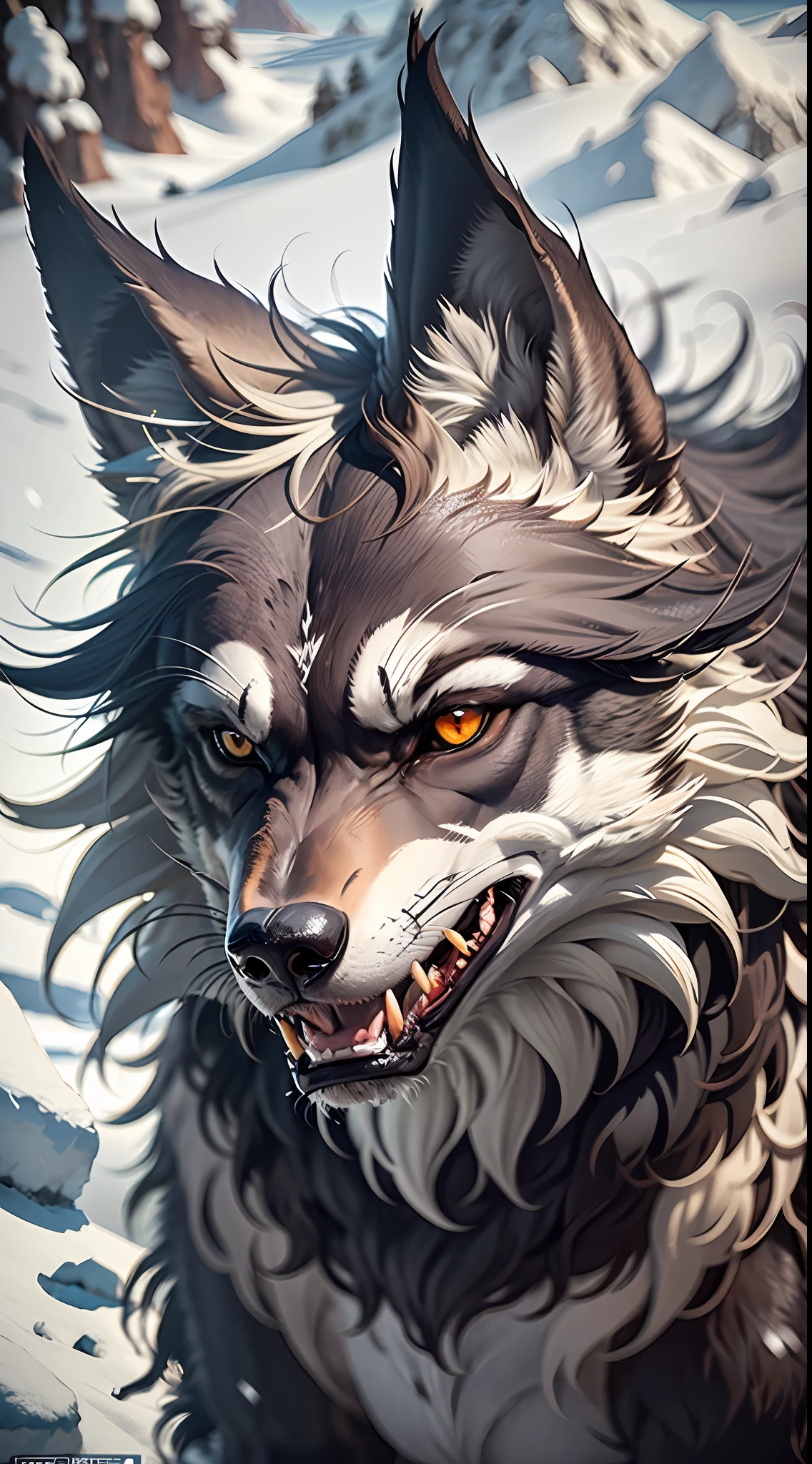scary wolf, dark fur, looking at the viewer, snow mountain background, big teeth, angry look, cinematic, (photorealistic:1.4), 8k uhd, (hyper realistic), (photo realistic), (masterpiece), (best quality)