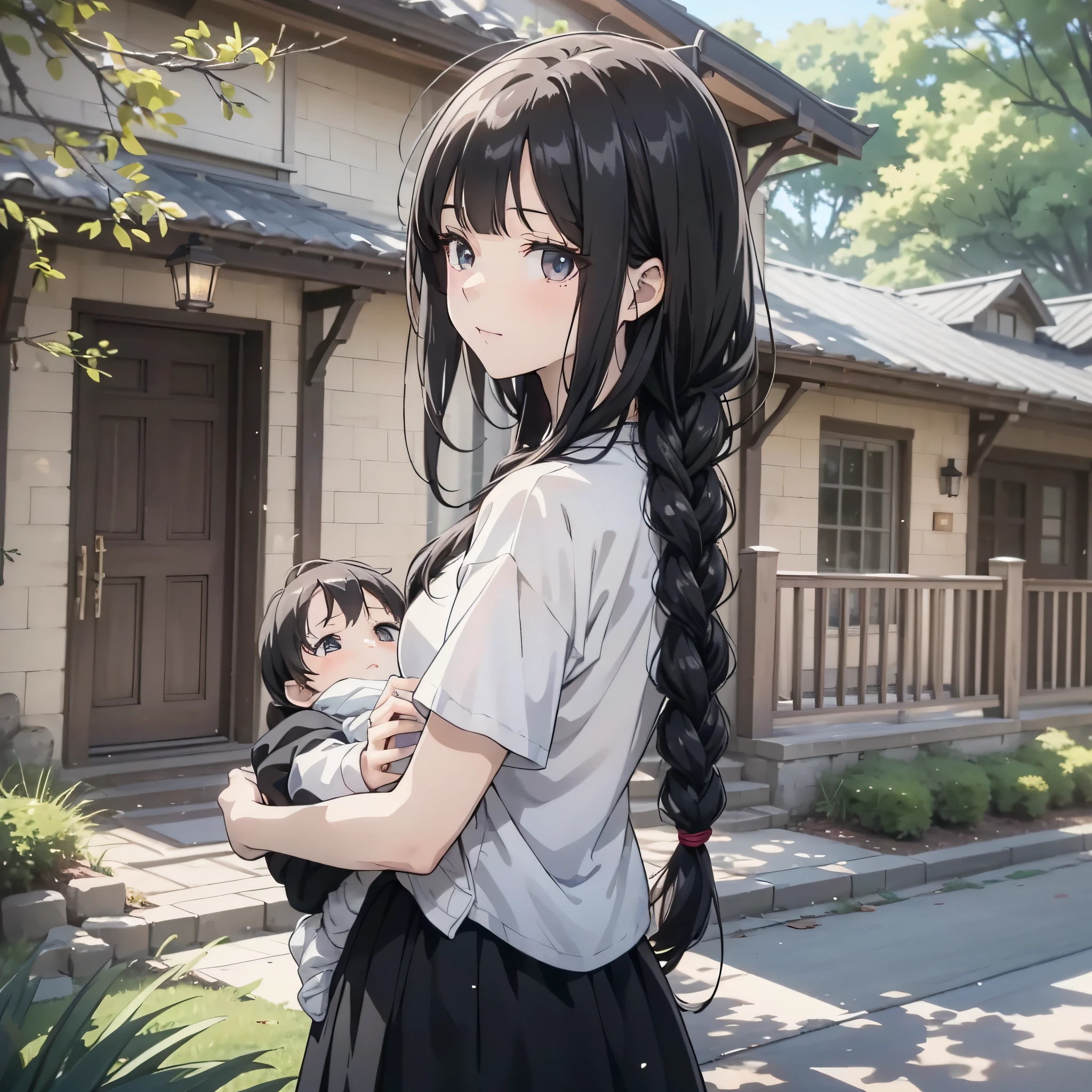 A woman in a white shirt with long black braided hair stands in the yard in front of the house holding a baby and looking at the camera (head touch action 1.3) (full body display 1.5) (girl 1.8) (cinematic lighting 1.5) (master masterpiece: 1.4), hyper detail, anime style 4 K, anime rendering, anime style. 8k,