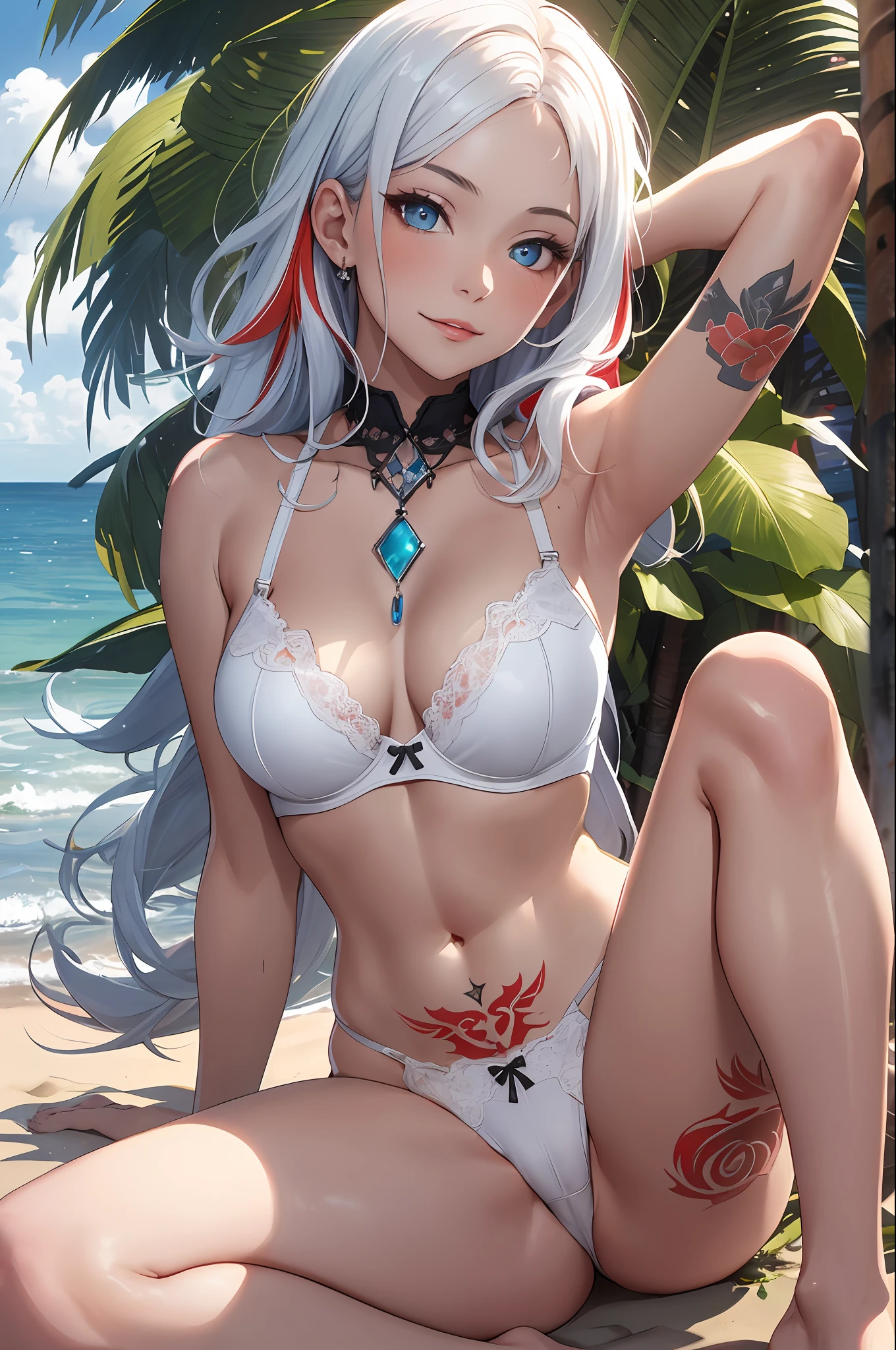 1girl, smile, red eyes, lips, closed mouth, multicolored hair, shiny skin, angelic, highlight, blue eyes, sunlight, two hair colors, (white hair:1.3) (red hair:1.3), hands behind the head, seaside, bare legs, sexy bra, thong, tattoo, navel, sitting on the sand, legs apart, barefoot, feet, toes,
