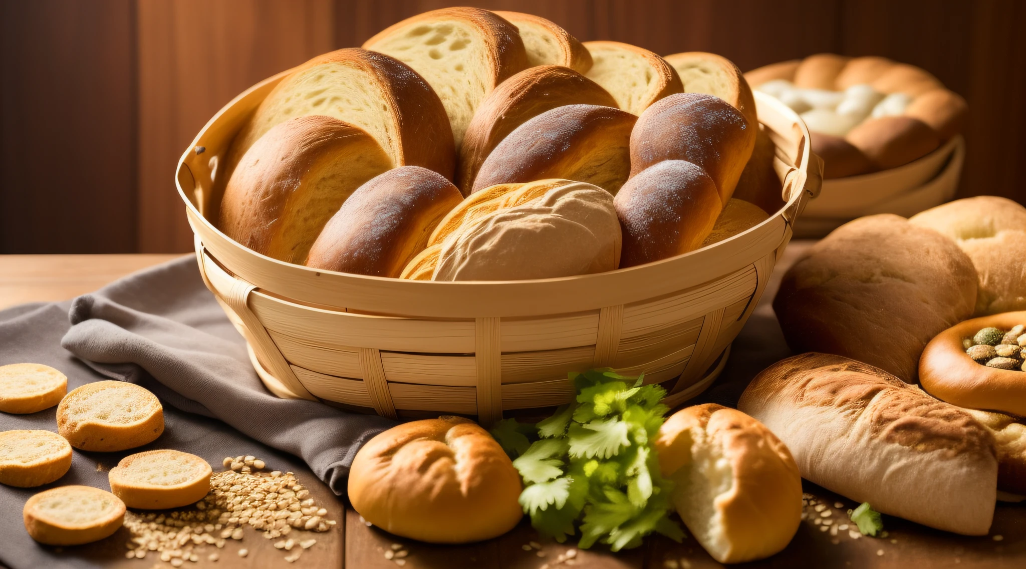 ((high quality)) Realistic, Close image shows a table covered by a variety of fresh breads, including crispy baguettes, round buns, shaped buns and whole grain breads. The breads are arranged in an attractive way, displaying earthy and golden tones. Natural light highlights the inviting textures of the breads. A wicker basket with slices of bread and a wooden-handled knife are nearby. The surrounding environment has tables with plaid towels and comfortable chairs. The image conveys freshness, quality and a welcoming atmosphere.