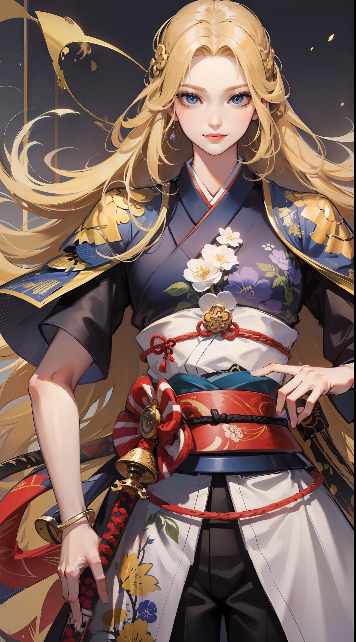 Tall guy, long blond hair, blue eyes, smirk, samurai clothes, sheathed katana, masterpiece, high quality
