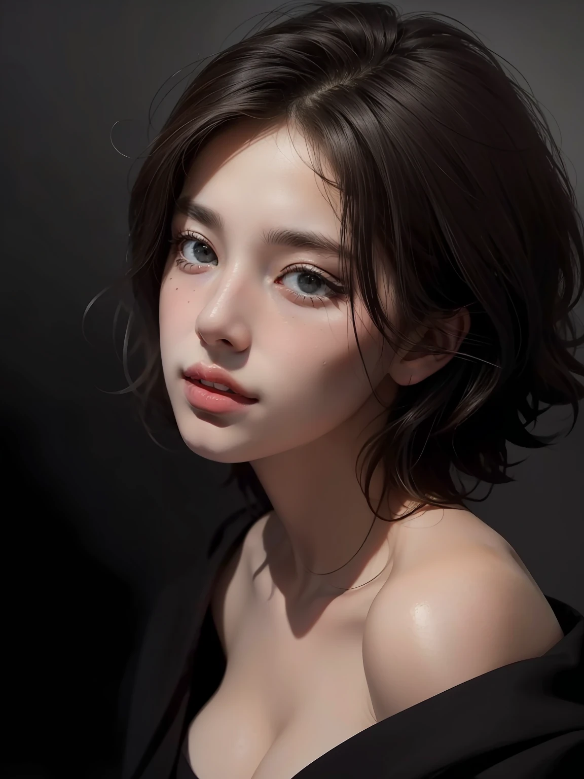 Best quality, masterpiece, ultra high res, (photorealistic:1.5), raw photo, 1girl, offshoulder, in the dark, deep shadow, low key, cold light, sexy look, short hair