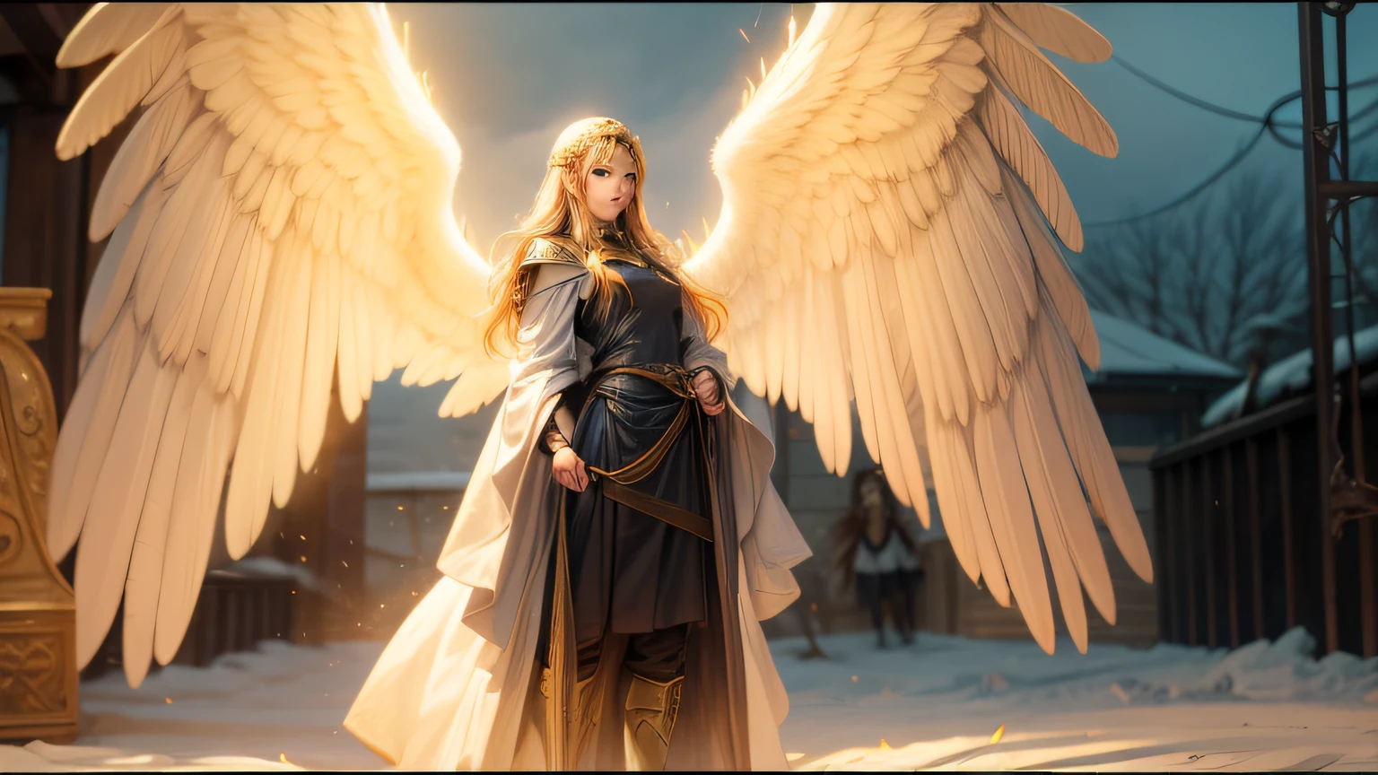 A closeup of a woman standing in front of an angel, accurate biblical angel, still from a fantasy movie, Old Testament angel, angel-themed, biblical epic movie, big bright white wings, Emma Watson as an angel, angel theme, biblically accurate angels, distant shot of tall angel, wide angel, legacy of tron jesus christ