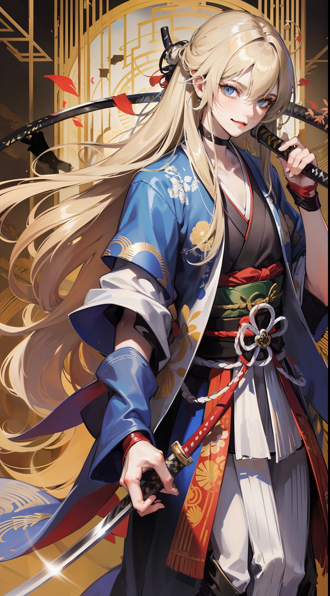 Tall guy, long blond hair, blue eyes, smirk, samurai clothes, sheathed katana, masterpiece, high quality