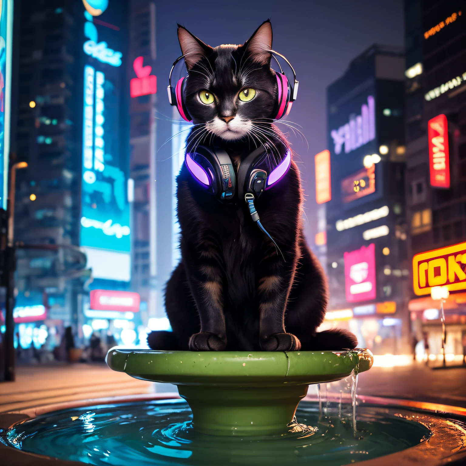 A cat with headphones and a jacket is sitting on a large lily leaf in a fountain. Cyberpunk and post-Soviet modernism  style themed. closeup view, neon lights., Pop art, Pixar, three sided view, UHD, anatomically correct, textured skin, super detail, high quality, 4K --auto