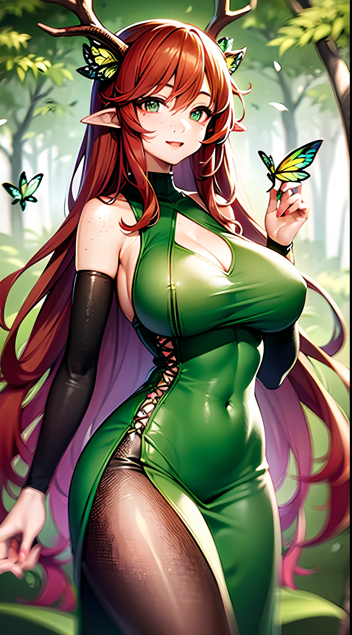 one adult woman with Antlers and Bright Red hair wearing a Short green dress made of leaves and flowers with butterflies all around her. Butteflies in her hair. she has lots of freckles. She has big boobs and is thicc. Posing in a woodland setting surrounded by butteflies