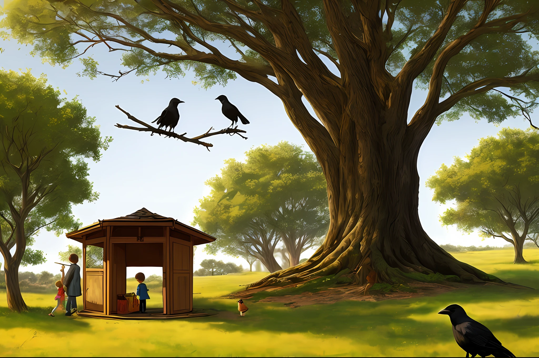 Make a tarot card style picture, the content is a  growing up under the shelter of a big tree, and there are two crows on the big tree to mean that the shelter is only two days, and then the main body is to withdraw the child, and the picture should have a sense of urgency