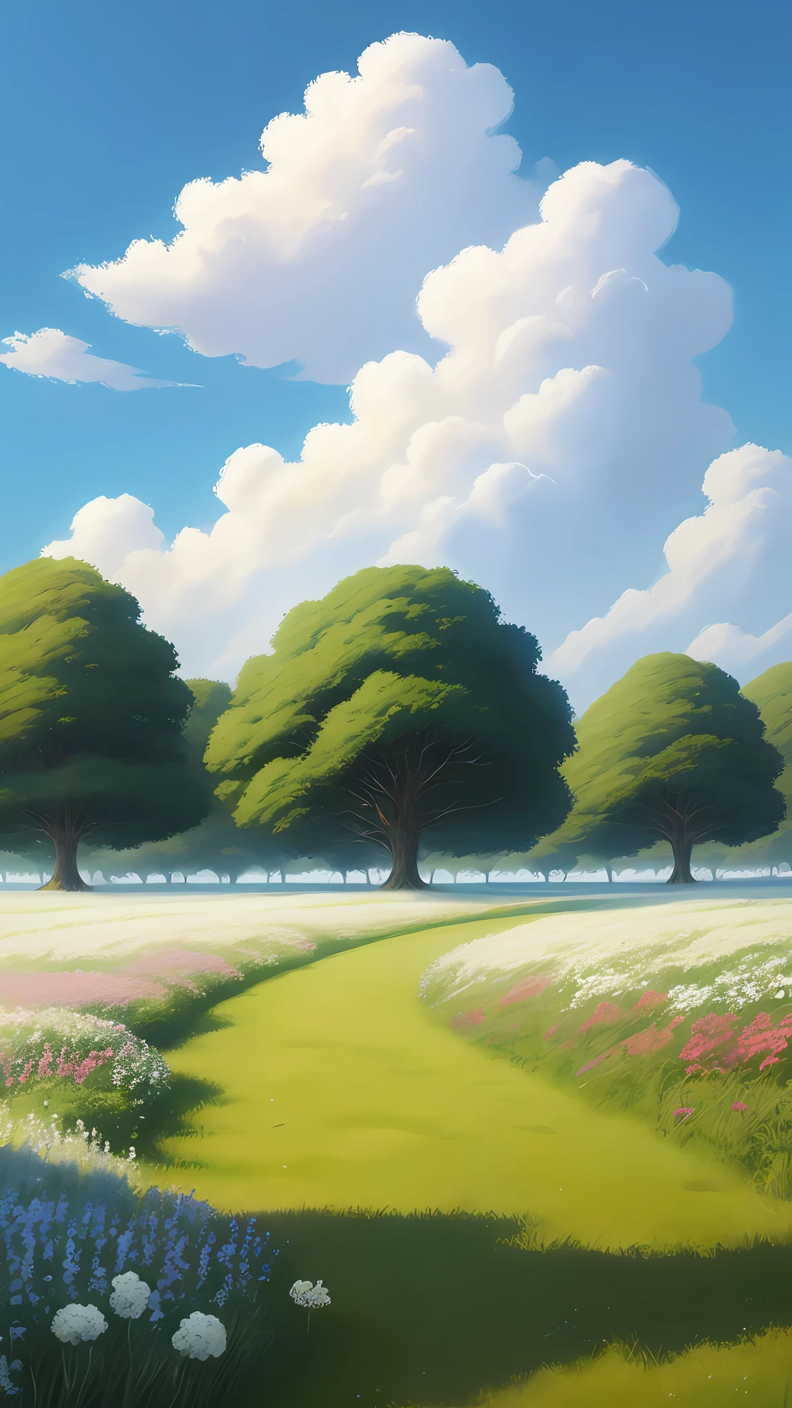Realistic, authentic, beautiful and amazing landscape oil painting Studio Ghibli Hayao Miyazaki's petal grassland with blue sky and white clouds --v6