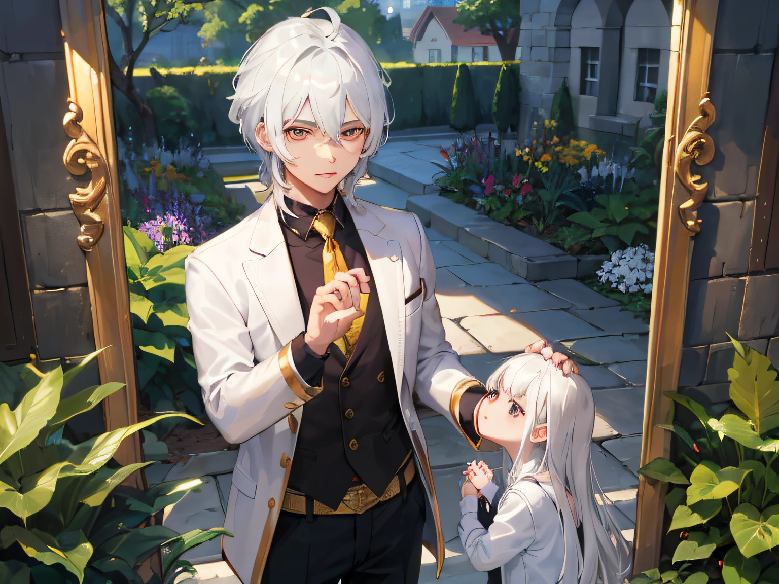 Excellent, masterpiece, white hair, golden eyes, hair, fair skin, man face with sharp angles in garden park male half-mirror hand caressing head