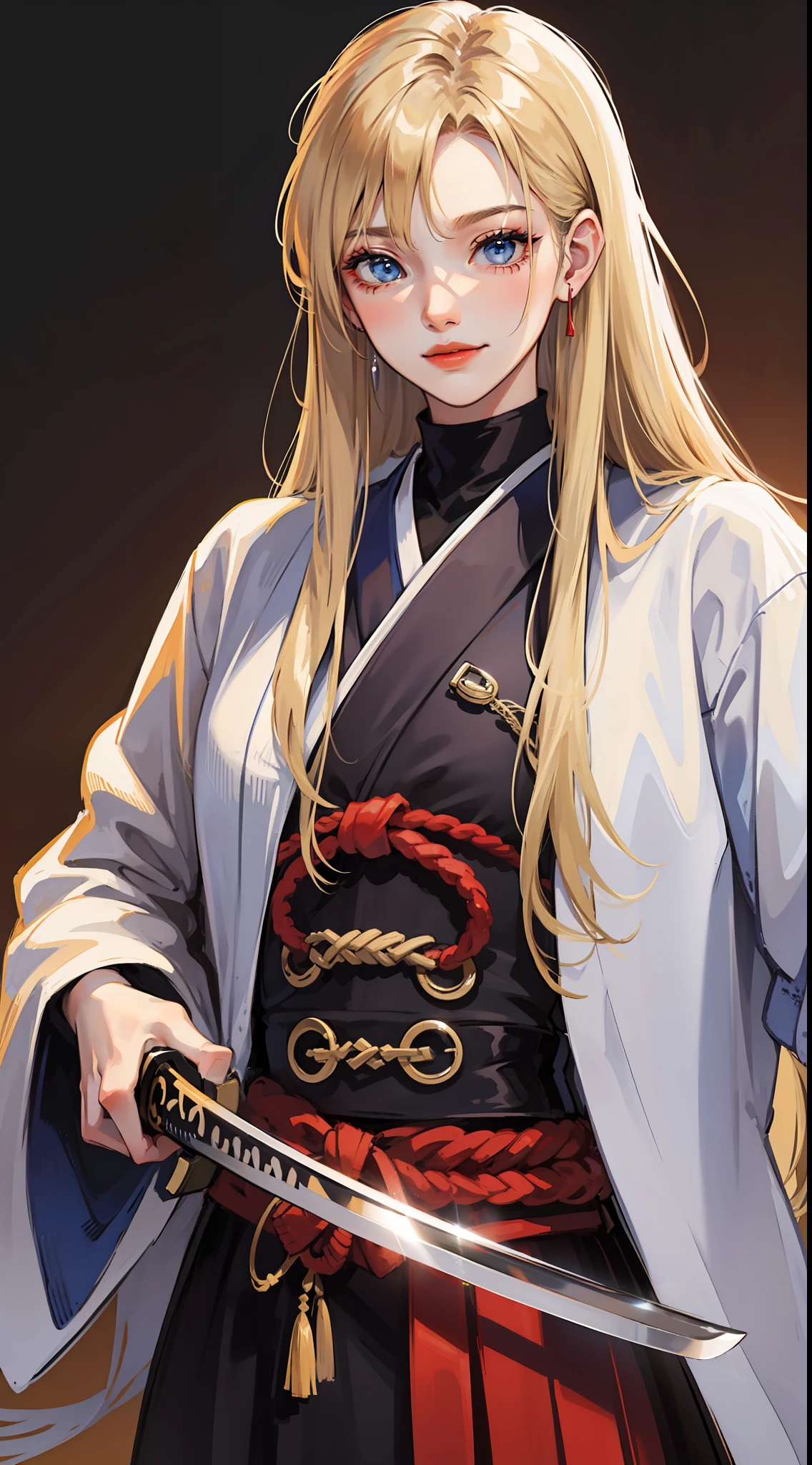 Tall guy, long blond hair, blue eyes, smirk, samurai clothes, sheathed katana, masterpiece, high quality