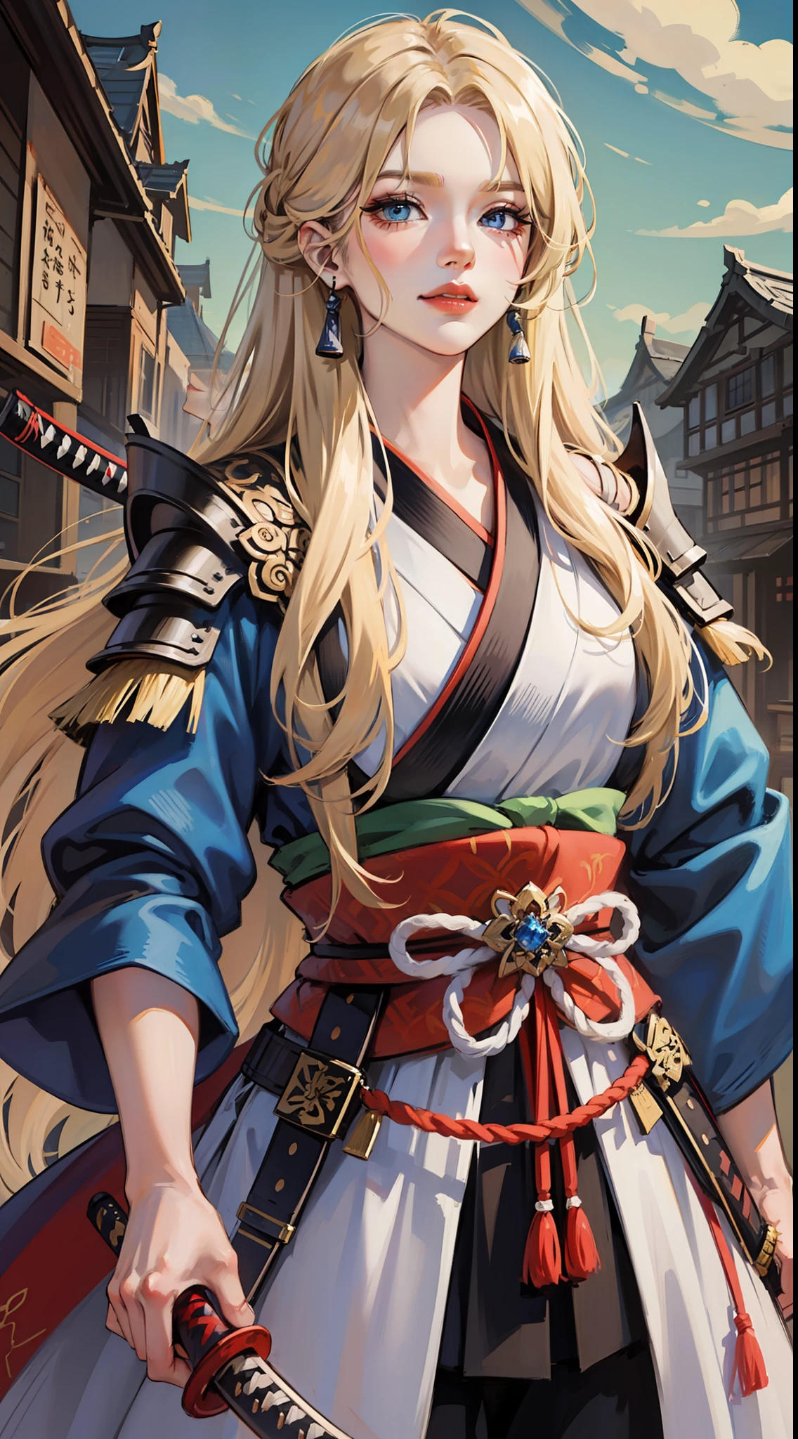 Tall guy, long blond hair, blue eyes, smirk, samurai clothes, sheathed katana, masterpiece, high quality