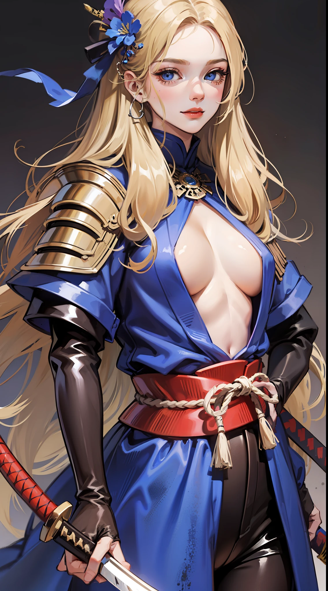 Tall guy, long blond hair, blue eyes, smirk, samurai clothes, sheathed katana, masterpiece, high quality