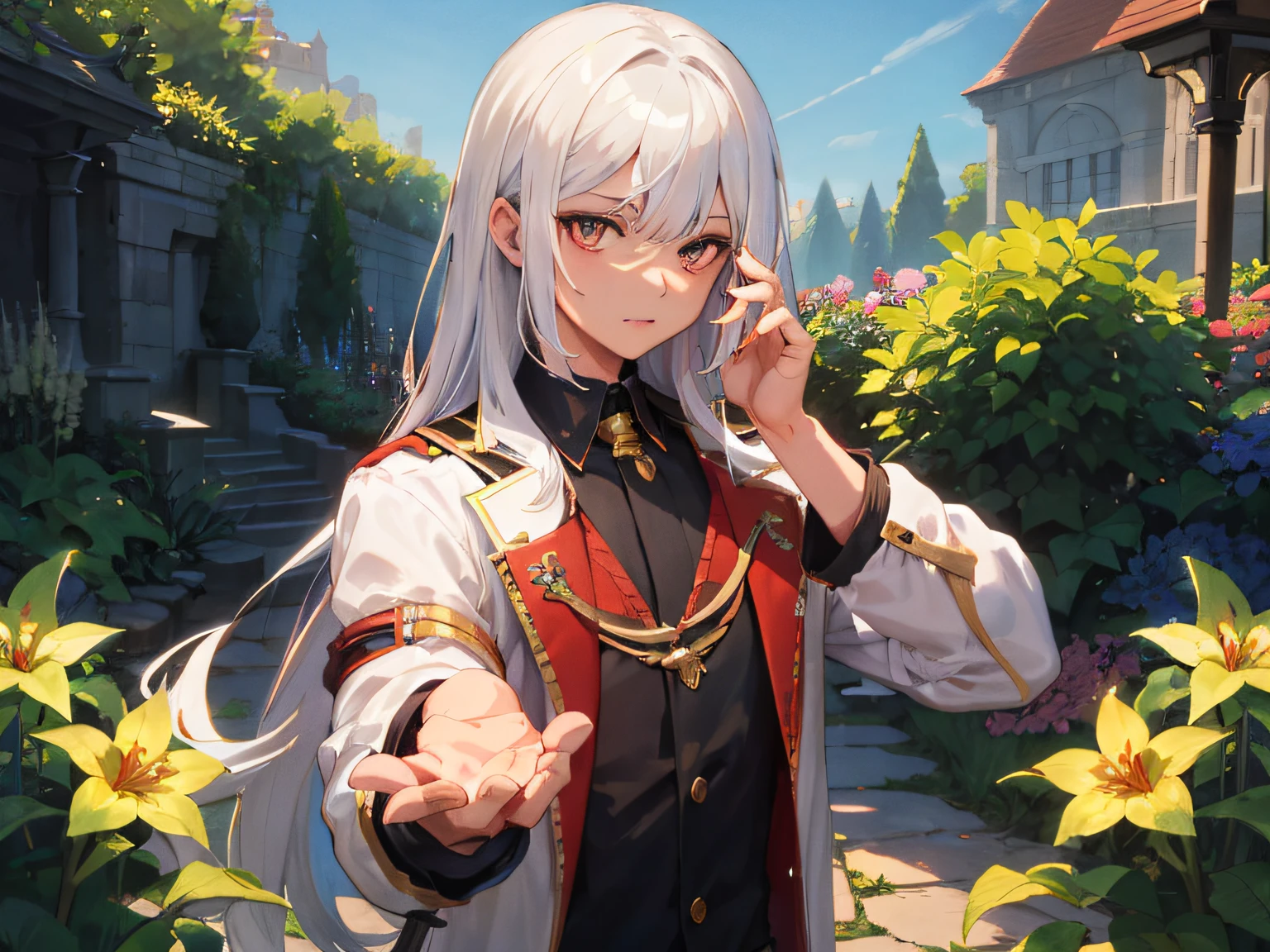 Excellent, masterpiece, white hair, golden eyes, hair, fair skin, man face with sharp angles in garden park male half-mirror hand caressing head