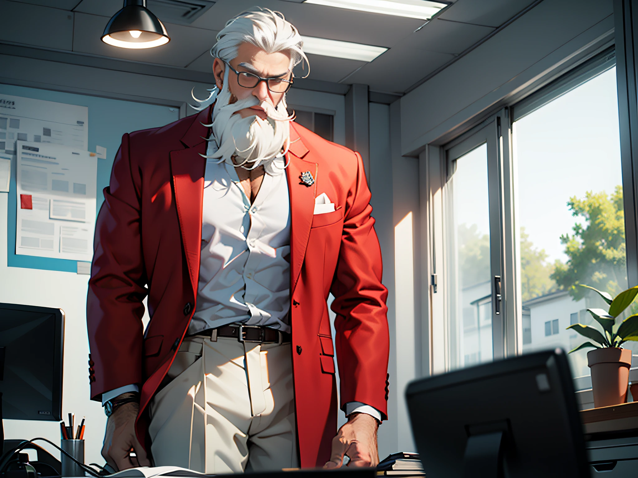 Sitting in the office, wrinkled, white hair with a long white beard, wearing a red suit and white shirt, standing in front of the window