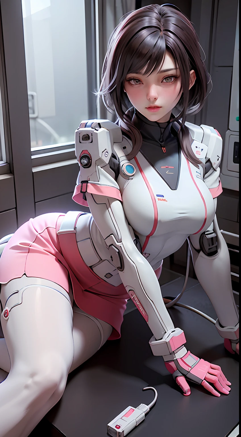 ((best quality)), ((masterpiece)), ((reality)), (detailed), (pink skirt), Mecha female nurse resting on a nursing bed, charging with wires plugged in her body, sustaining life on energy batteries, 20 years old, wearing a medical stethoscope, sexy lying position, seductive pose, dynamic pose, dynamic shot, alloy cuirass, with a lot of wires wrapped around her body, binding, she wears sexy lace mecha medical trousers, wearing pink Gundam lace nurse uniform pajamas, brown hair, semi-mechanical pajamas, Sexy mecha set, latex full-body tights, black silk, full-body latex pink tights, holding a super huge medical syringe in his hand, next to how many medical props, medicine boxes, medical equipment, surgical props, huge power generation batteries are glowing, lightning beating, flowing electrical energy flowing in blood vessels, in hospital operating rooms, science fiction, HDR, ray tracing, NVIDIA RTX, super resolution, Unreal 5, subsurface scattering, PBR texture, post-processing, anisotropic filtering, depth of field, Maximum Clarity and Acutance, 8K Prix, (Glow Particle: 1.4), (Very Detailed CG, Unity 8K Wallpaper, 3D, Cinematic Lighting, Lens Vires), Reflection, Sharp Focus, Cyberpunk Art, Cyberpunk Architecture,