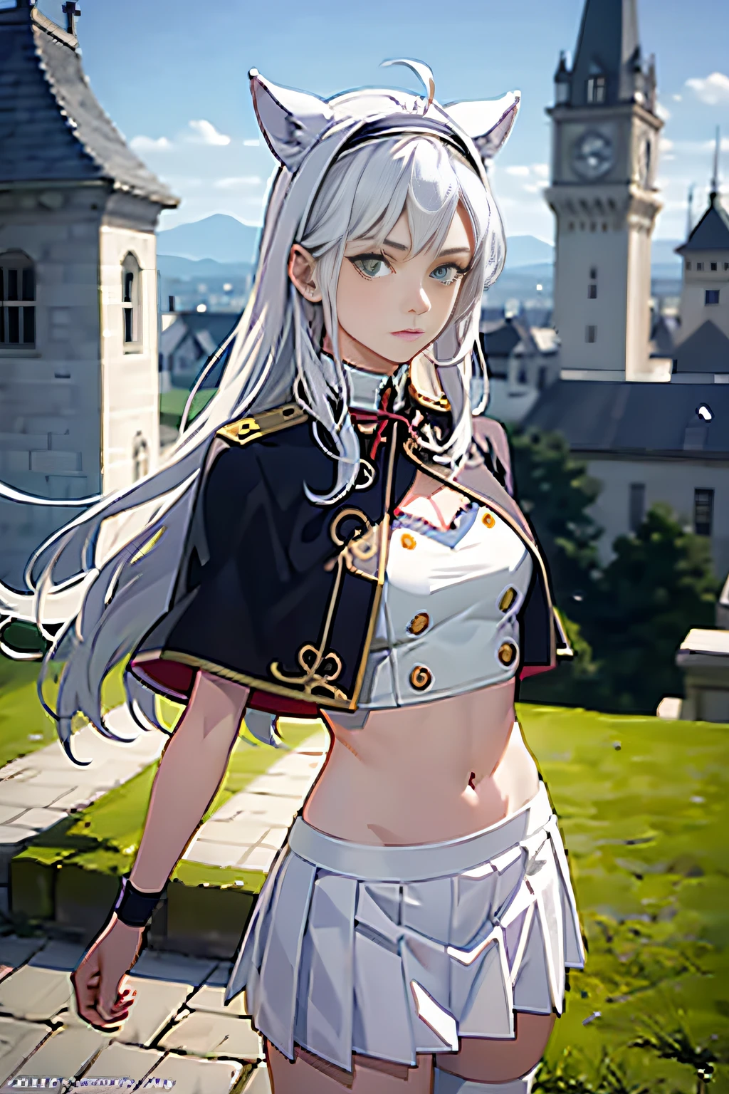 best quality, masterpiece, (photo realisti:1.4), beautiful girl, 16, old year, japanese girl, white hair, green eyes, capelet, crop top, frown, gold trim, hair band, long hair, looking at the viewer, midriff, miniskirt, navel, pleated skirt, shirt, skirt, stomach, white shirt, white skirt, sistineFibeldef, sistineFibelrnd, looking up, upper body demi-human wolf background fantasy world with a large castle in the background Floating