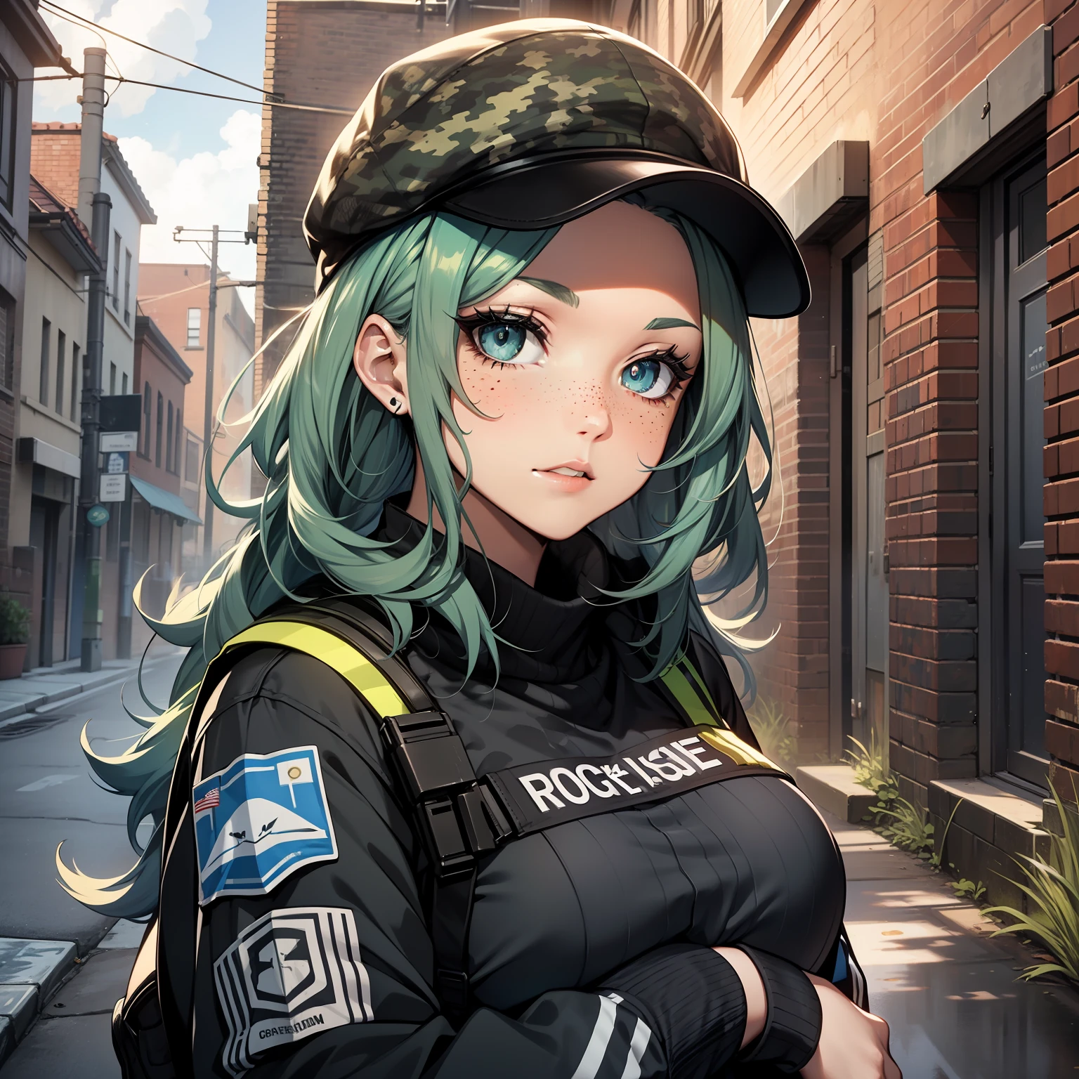 a woman, , She Bozak (rainbow six siege), face with freckles, green hair, blue eyes, camouflage cap, military pants, black shirt, black sneakers, in an alley, cloudy weather, brick wall, looking at the viewer, 4k, masterpiece, detailed face
