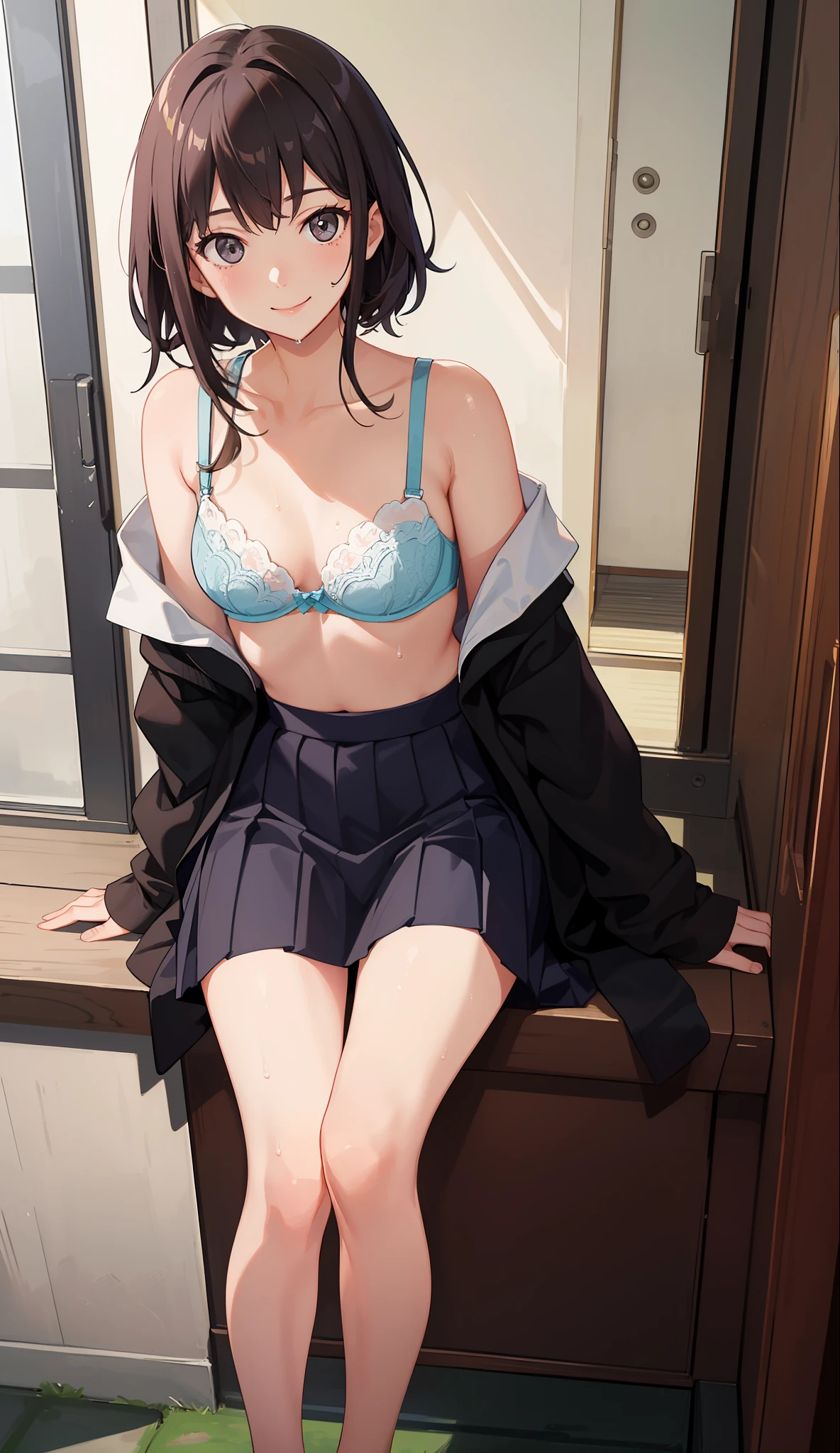 1 girl, smile, shirt, skirt, (small) chiralism, Japan high school school uniform, seravuk, summer clothes, squall-wet uniform, sheer bra, (portrait from knee up),