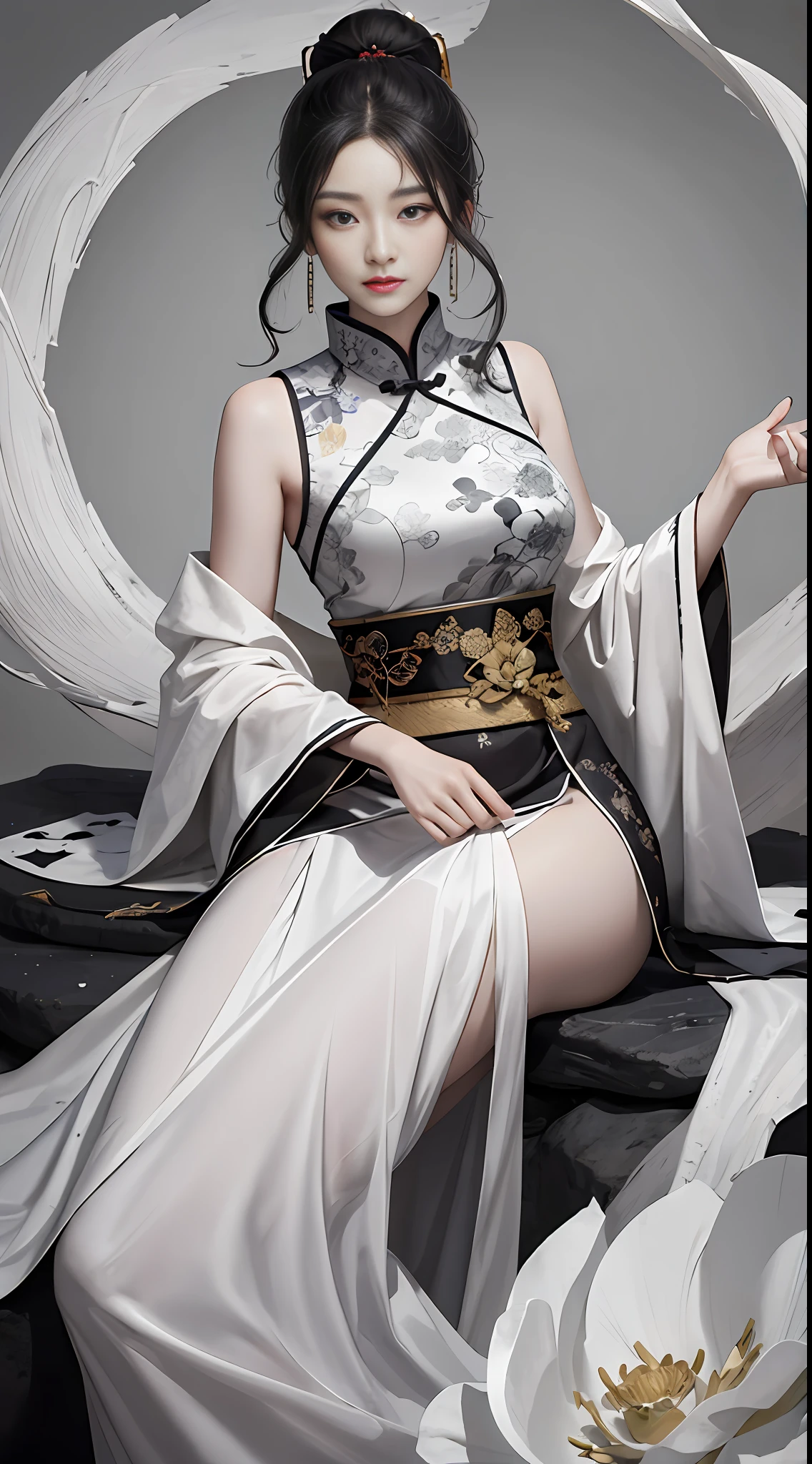 An ancient Chinese beauty sitting on a stone, wearing ancient Chinese clothing, flowing tulle, light silk, lazy posture, large lotus leaf, lotus, ink painting style, clean color, decisive cutting, blank, freehand, masterpiece, super detailed, epic composition, high quality, the highest quality, 4k --v 6