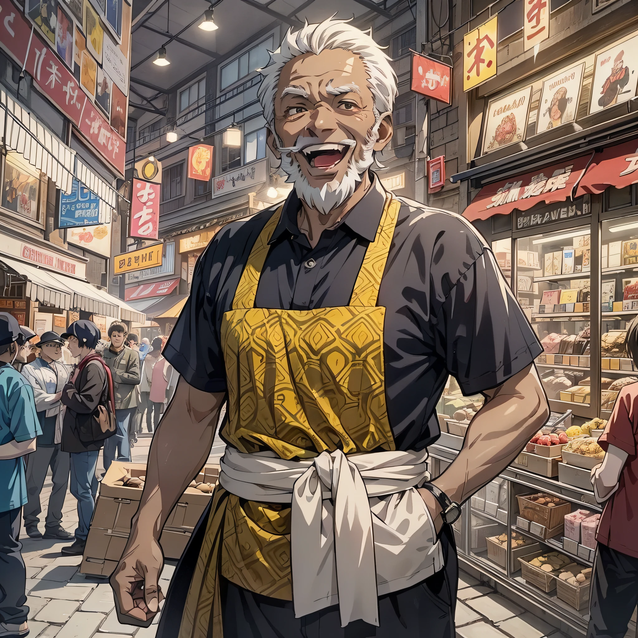 A dark-skinned grandpa vendor stands in front of the shop in the bazaar of a small town with his mouth open and laughs (open mouth 1.3) (background is small town 1.5) (crowds of people 1.5) anime style 4 K, anime rendering, anime style. 8K, (upper body display 1.5) (cinematic lighting 1.5)