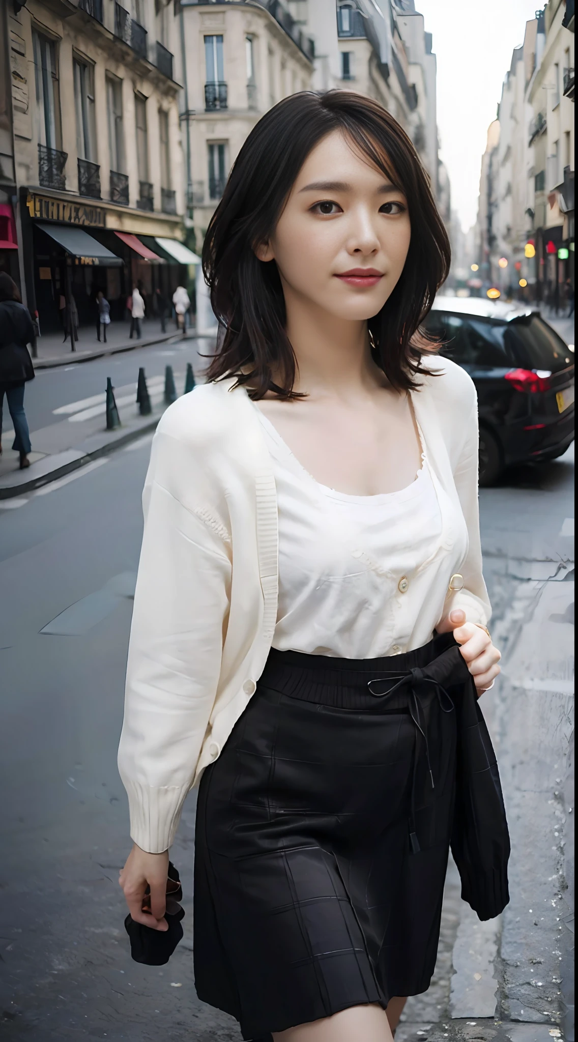 ((Full_body_shot:1.6)), (from below:0.9), (An extremely delicate and beautiful work), ((masterpiece)), (best quality), glamor body, a one woman, 20 age, (cardigan:1.4), (cleavage:1), (Midi_skirt:1.3), (Paris_street_background:1.4), (sexually aroused face:1.4), (walk sexy:1.4), high nose bridge, shoulder cut hair,(fair skin:1.2), (soft saturation:1.3), (low contrast), bright lighting, natural lighting, realistic lighting, lovely lips, ultra-fine painting, delicate face, delicate figure, (depth of field:1.2), style, ultra detailed, (realistic, photo_realistic:1.4), physically-based rendering, ((soft:1.3)), perfect white balance, professional color graded, 8k, Raw photo, Leica M10, F2.4, 35mm, color photo, product photography.