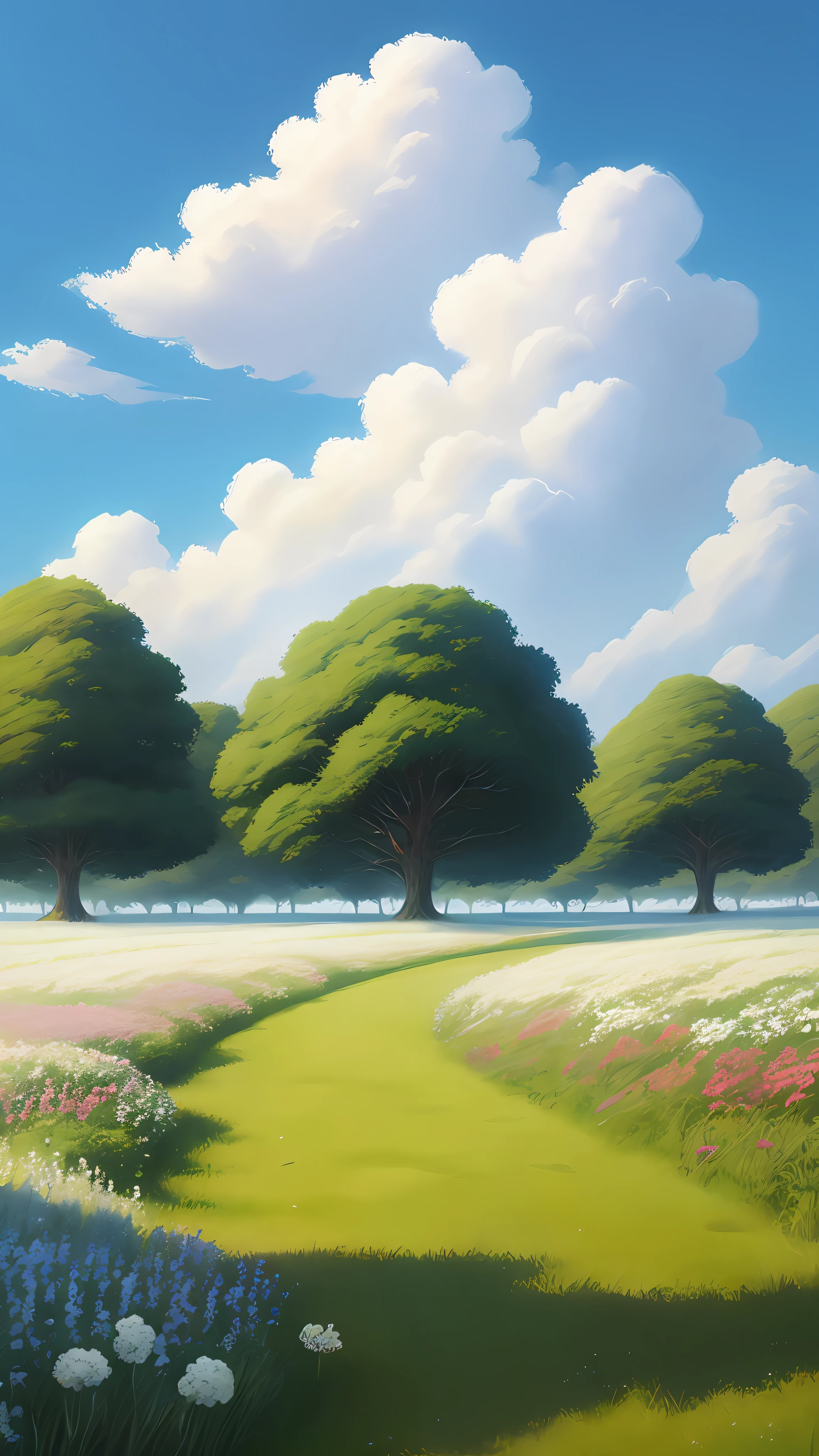 Realistic, authentic, beautiful and amazing landscape oil painting Studio Ghibli Hayao Miyazaki's petal grassland with blue sky and white clouds --v6