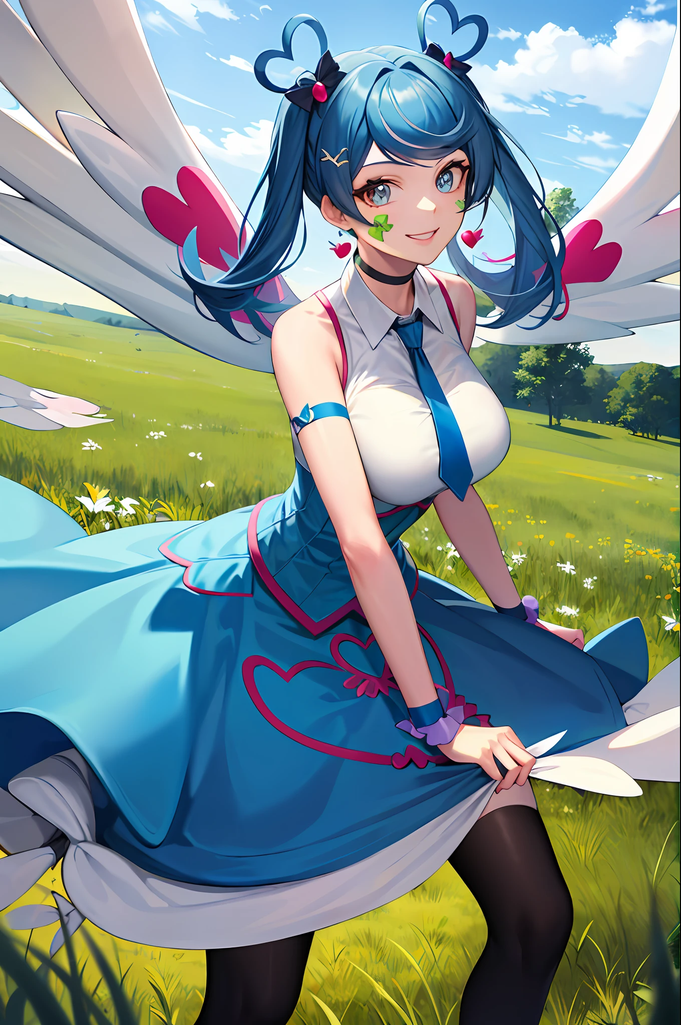 masterpiece, best quality, highres, heart hair ornament, ba1, 1girl, solo, jewelry, necktie, skirt, sleeveless, blue necktie, choker, breasts, black thighhighs, shirt, dress, blue skirt, skirt_ornament, wings, four-leaf clover_facial_tattoo, standing, cowboy shot, smile, grass, field,