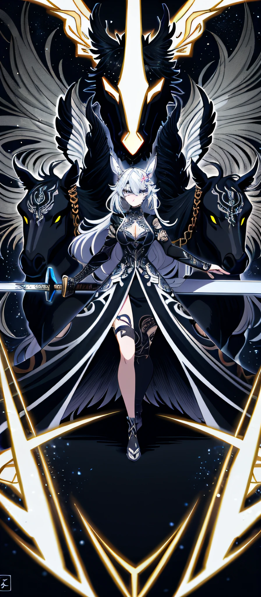A drawing of a woman with a sword and a horse, intense line art, hyper-detailed line art, heavy line art, intense black line art, perfect line art, bold line art, other intricate detailed line art, sharp line art, thick black line art, black line art, clean anime outline, cell-shaded anime complexes, intricate lineart, ink outlines