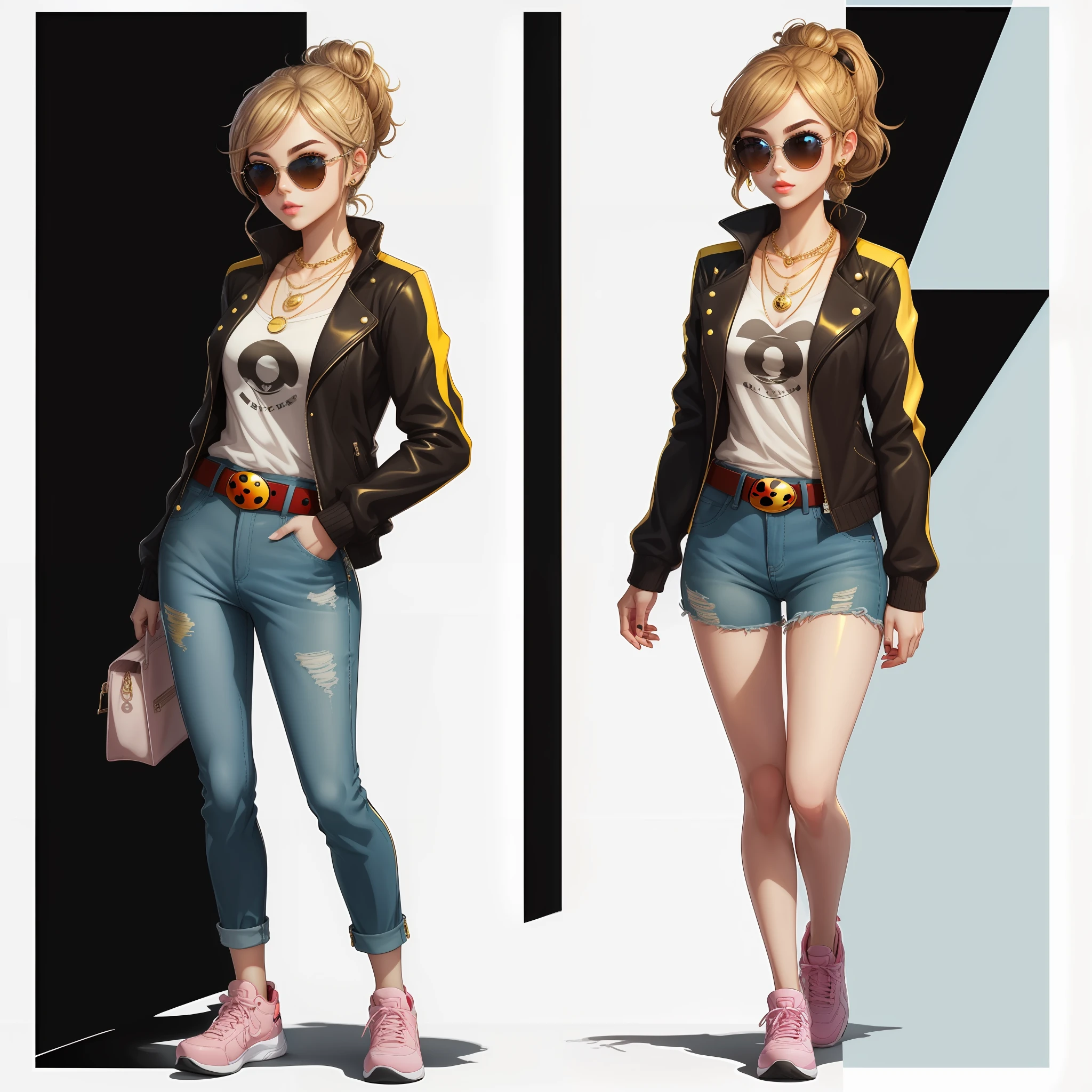 Full body, high quality, Chloe Bourgeois, Miraculous Ladybug, woman, brown hair, brown bangs in the middle, blonde hair, yellow hair, high ponytail, blue eyes, hair pulled back with a silver pin, blue eye shadow, pink lipstick, yellow jacket and long sleeves, white t-shirt with black stripes, white capris, golden belt, white shoes, gold necklace, white sunglasses on the head, single person, 2D, cartoon, artwork, anime style. --auto
