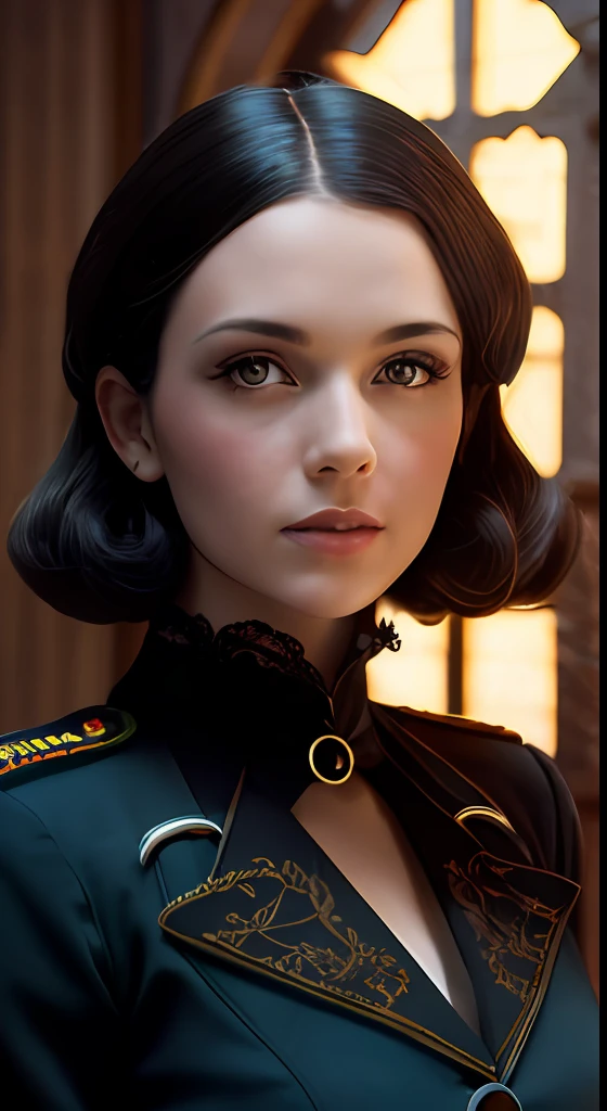 raw photo, photography + black hair retro futuristic croatian gothic bombshell ????? model , 1880s military retro-futuristic details, shaved ,yellow,blue and red 1880s military accessories , 1880s military retro futuristic envieroment, soft light background, cinematic light, epic composition, symmetrical composition, symmetrical face, high detailed, intricate detailed + 1880s military retro-futuristic + agfa vista stock, f:3.2, 50mm lens, vintage