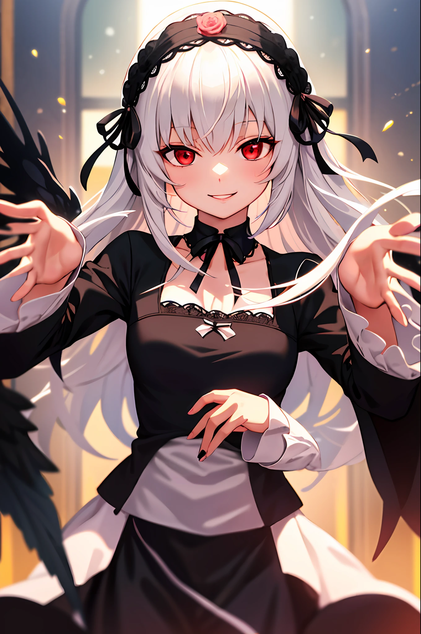 masterpiece, best quality, highres, sui1, 1girl, solo, suigintou, red eyes, long hair, gothic dress, white hair, rose hair ornament, long sleeves, gothic hairband, ribbon, black dress, black wings, cowboy shot, wariza, smile, reaching out, spread arms,