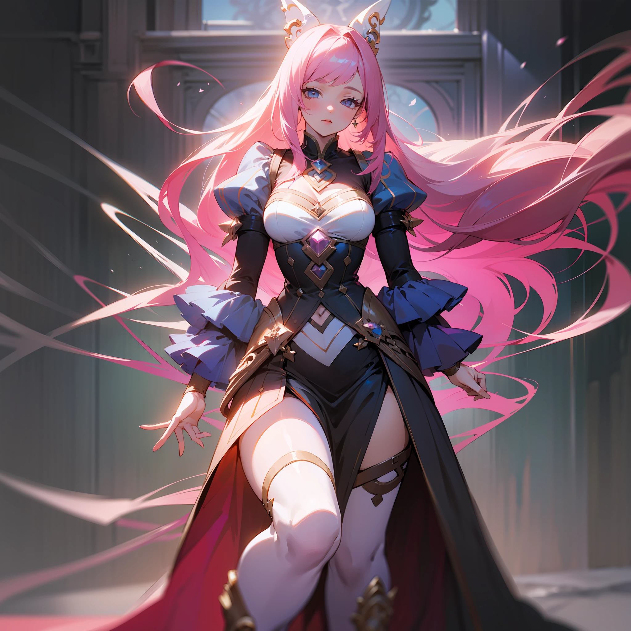 Best quality, Masterpiece, Details, Soft lighting, Side lighting, Beautiful Woman, Magical, Wonderful, Stunning Background, Relaxed, Pink Hair, Long Hair, Fantastic, Full Body,