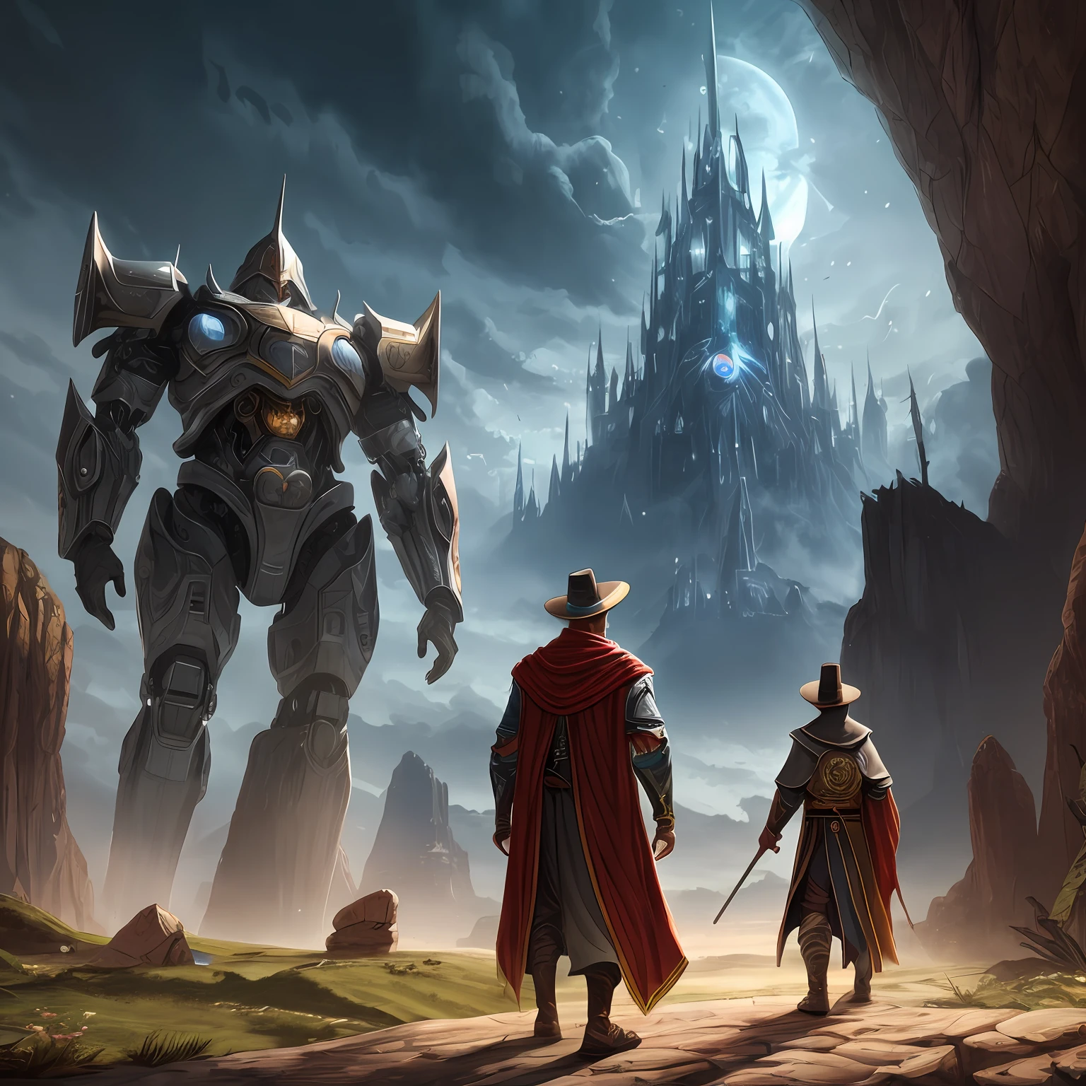 self confident wizard encounter a imponent giant cyborg. medieval background, mediavel landscape. Wizard wear classic robe and pointy hat. Cyborg is huge and futuristic --auto