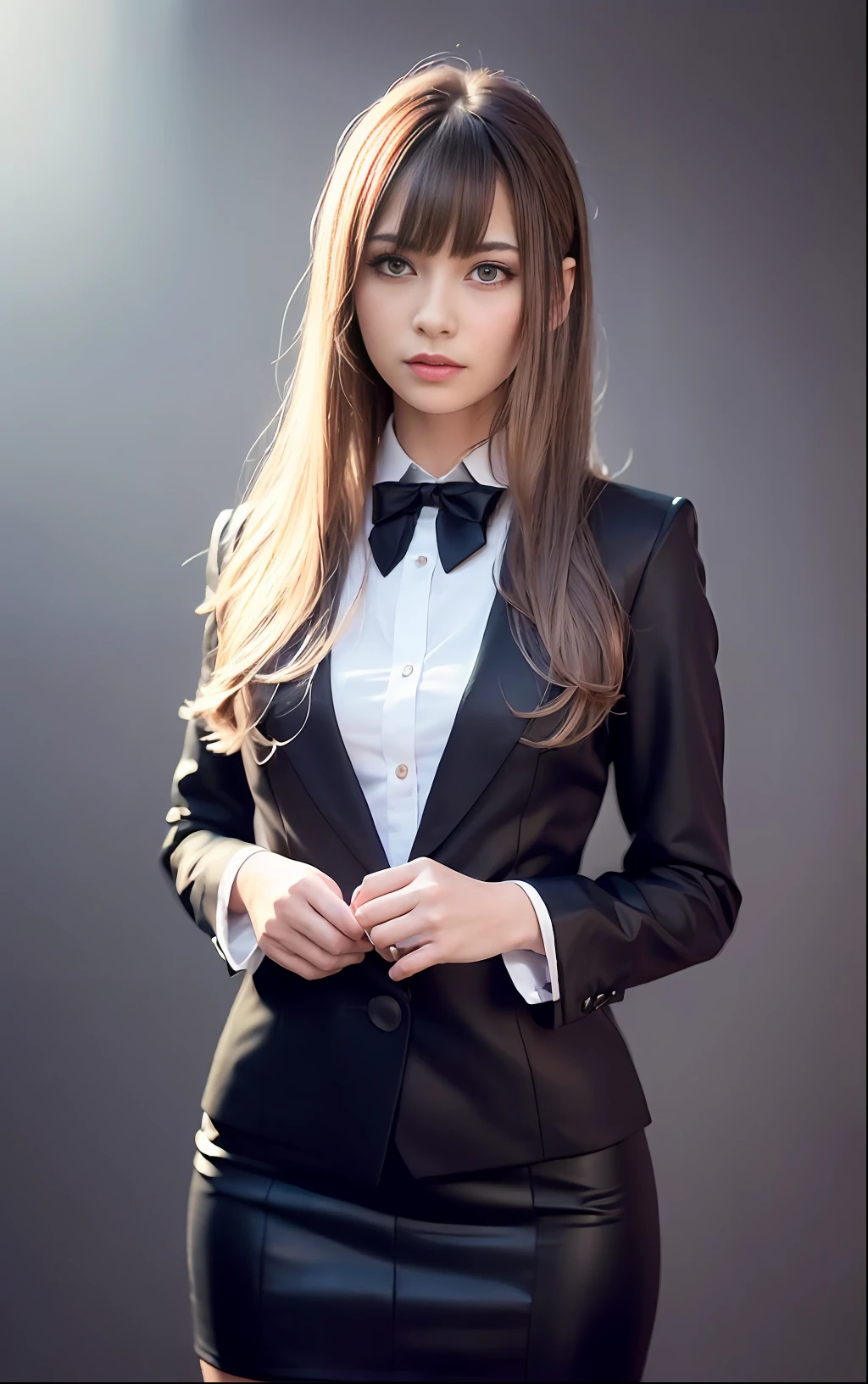 1girl,beautiful vintage color, instagram (photorealistic, high resolution:1.4), ((puffy eyes)), looking at viewer, , full body (8k, RAW photo, best quality, masterpiece:1.2), (realistic, photo-realistic:1.37),(sharp focus:1.2), professional lighting, photon mapping, radiosity, physically-based rendering, (pale skin:1.2),(small breasts:1.2), looking at viewer, (middle hair:1.5), portrait, purple eyes, (sliver hair:1.1),bangs, (simple background:1.4), solo, upper body, realistic,(masterpiece:1.4),(best quality:1.4),(shiny skin),fashi-girl,makeup,smile(skinny,closed mouth,shy :1.3) ,(standing,black Stewardess uniform,Necromancer:1.1),medium bust,sexy pose ,