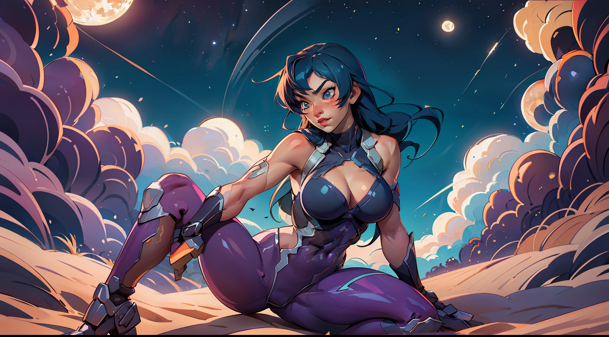 1 girl, ig model, taimanin, ninja, igawa asagi, asagi, bodysuit, action pose, lewd face, sexy, cleavage, armpits, large breasts, wide hips, thick thighs, muscles, abs, realistic, ray traced, desert, sand, night, stars, moon, clouds