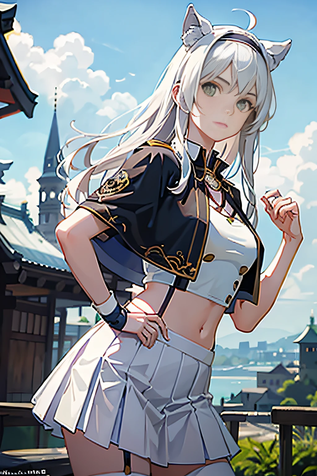 best quality, masterpiece, (photo realisti:1.4), beautiful girl, 16, old year, japanese girl, white hair, green eyes, capelet, crop top, frown, gold trim, hair band, long hair, looking at the viewer, midriff, miniskirt, navel, pleated skirt, shirt, skirt, stomach, white shirt, white skirt, sistineFibeldef, sistineFibelrnd, looking up, upper body demi-human wolf background fantasy world with a large castle in the background Floating