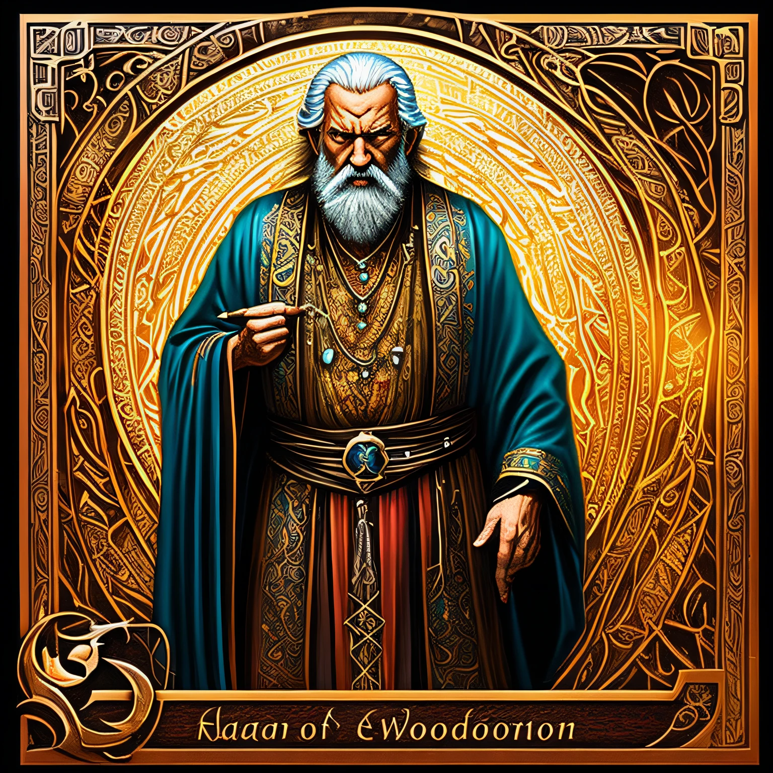 "The magician is an old man with long white beards that go down to his chest. His eyes are wise and penetrating, with a serene and tranquil expression. He wears a dark, worn robe, adorned with mystical symbols and ancient riddles. In his hand, he holds a dark wooden staff, carved with runes and encrusted with a shiny stone on top. An air of wisdom and experience surrounds him, emanating an aura of power and respect." --auto