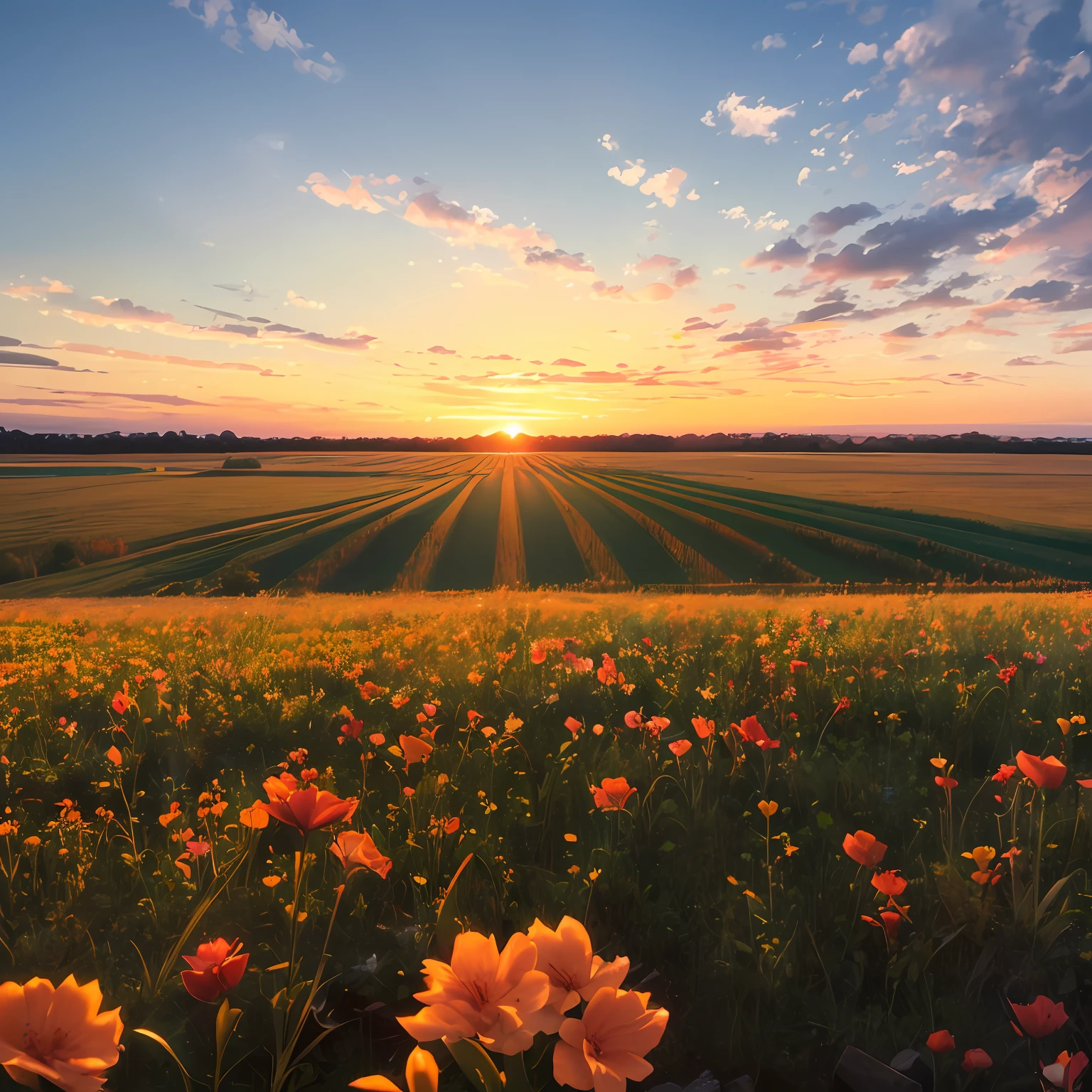 Beautiful sunset in the background, field, scarlet rose, 4k --auto