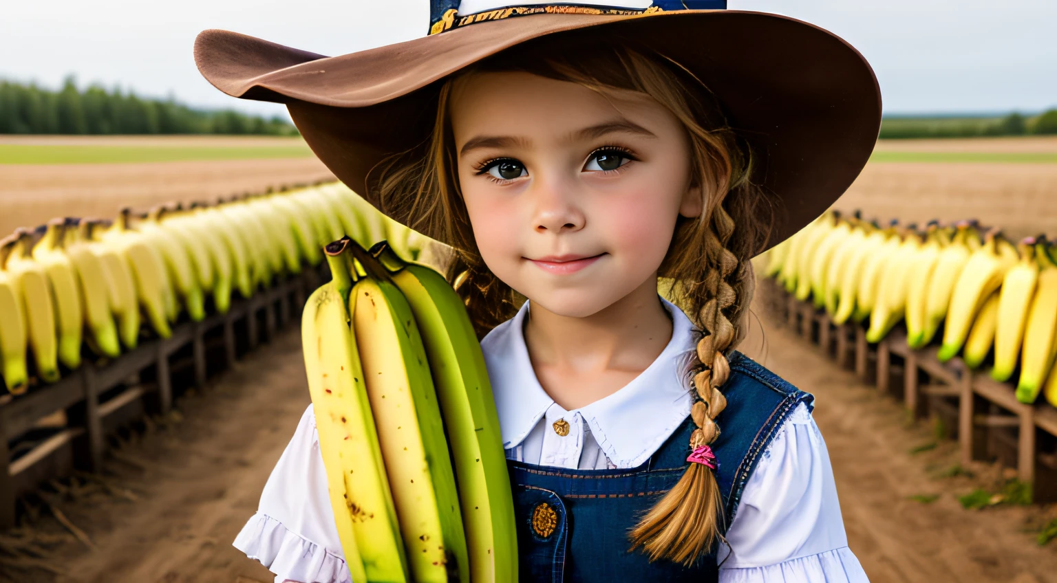 There is a BLONDE CHILD GIRL , wearing a hat and holding a bunch of bananas, beautiful cowboy witch, cowgirl, portrait of a young witch, cow-girl, cowgirl, with straw hat, portrait of a young witch, Masha Krasnova, with pig's tails.