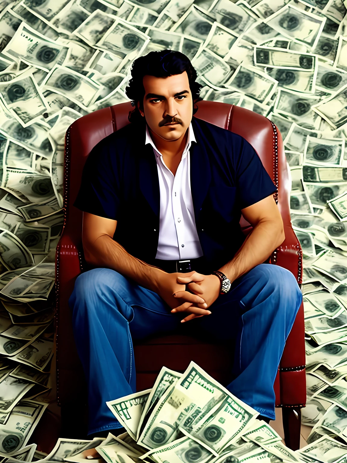 Pablo Escobar, Pablo Escobar, Mountains of money, money in the background, dollars in piles, Pablo Escobar in an armchair Pablo escort in an armchair with money around him