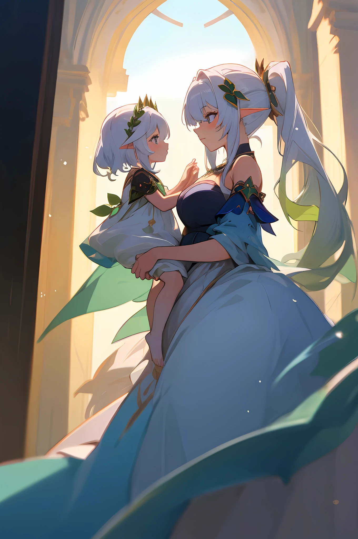 anime image of two women dressed in dress posing for a picture like princess clothing in summer, beautiful decoration on dress, palace a girl in palace,long hair, white haired , anime fantasy illustration, from the azur lane videogame, genshin, Royal Princess rukkhadevata detailed art, two beautiful anime girls, mother and child, symbol of maternal love, mother and child, such as photos of mother and child, Embarrassed, royal castle, elf, long ears